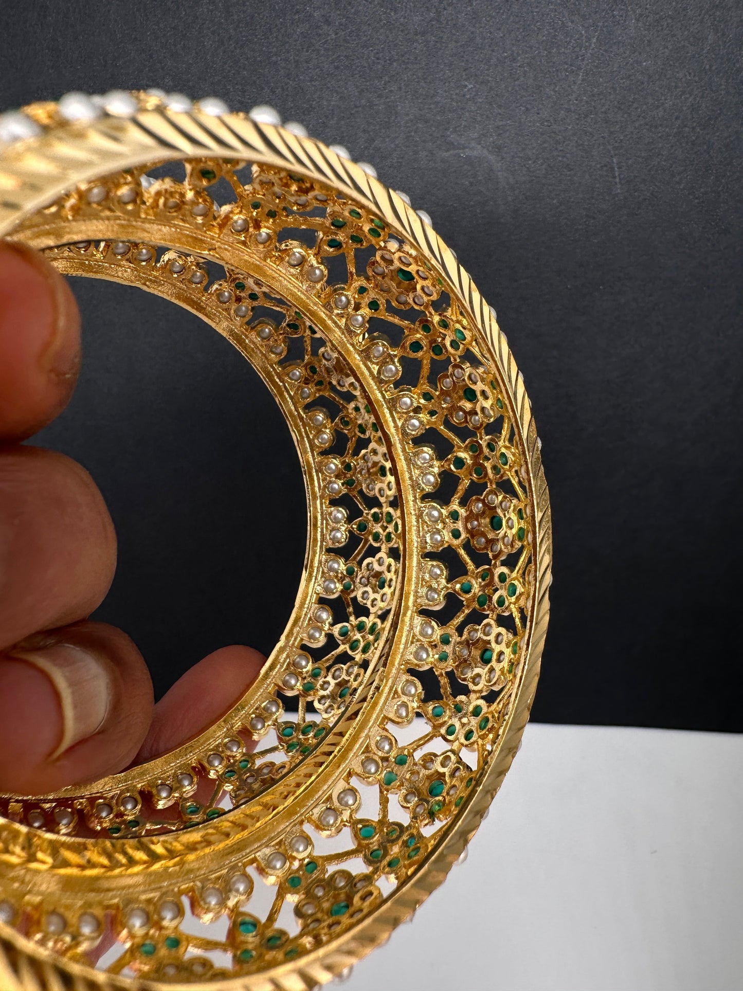 Hyderabadi Jadau Green Pearls Bangles