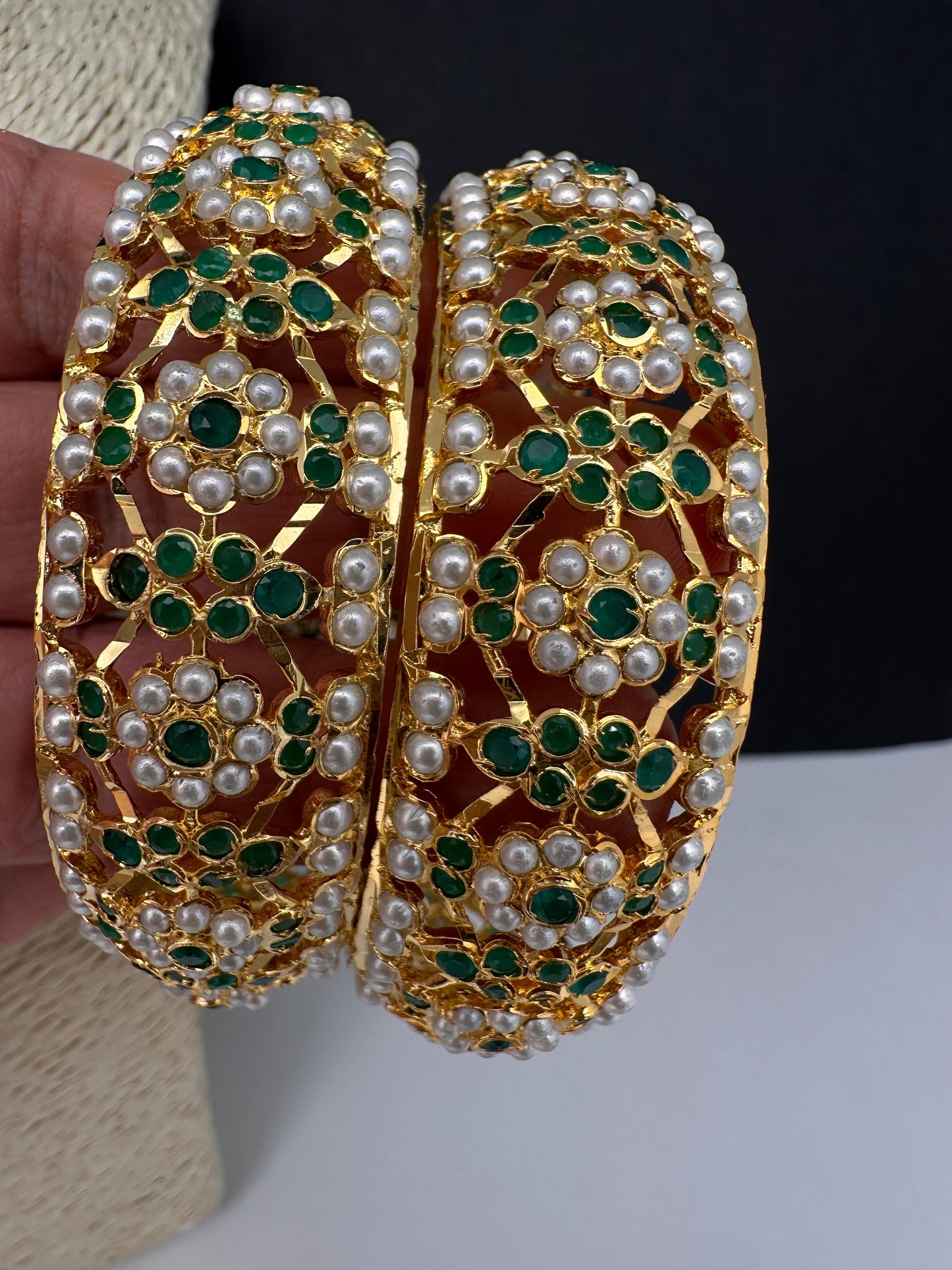 Hyderabadi Jadau Green Pearls Bangles