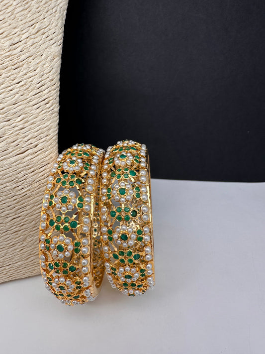 Hyderabadi Jadau Green Pearls Bangles