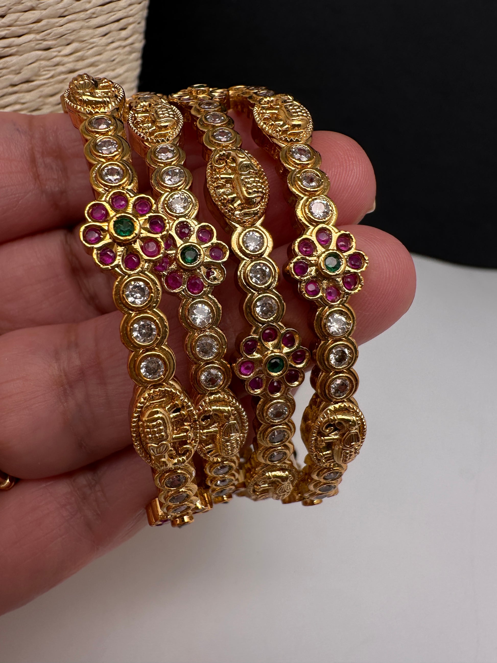 CZ Floral Elephant  Set of 4 Bangles - 2.8