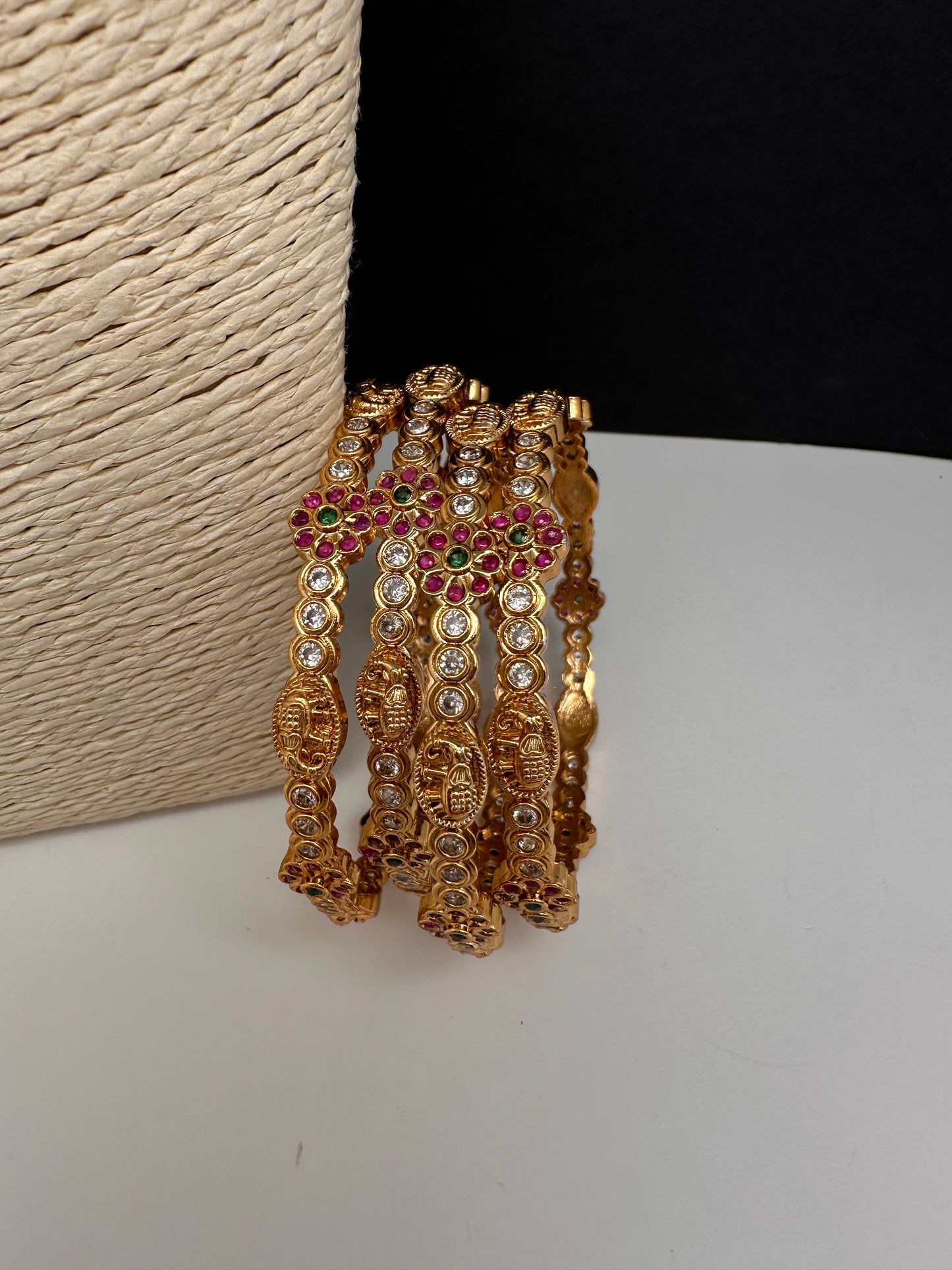 CZ Floral Elephant  Set of 4 Bangles - 2.8