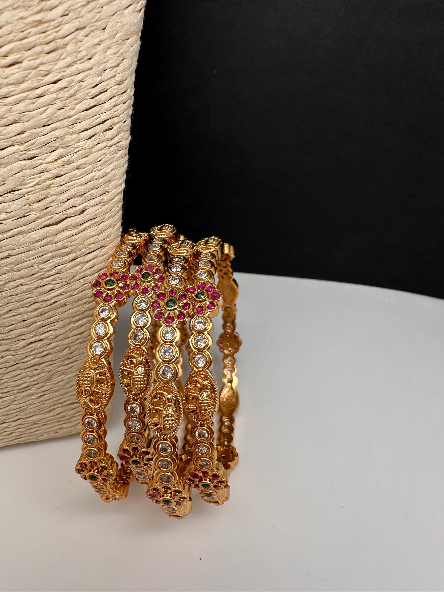 CZ Floral Elephant  Set of 4 Bangles - 2.8