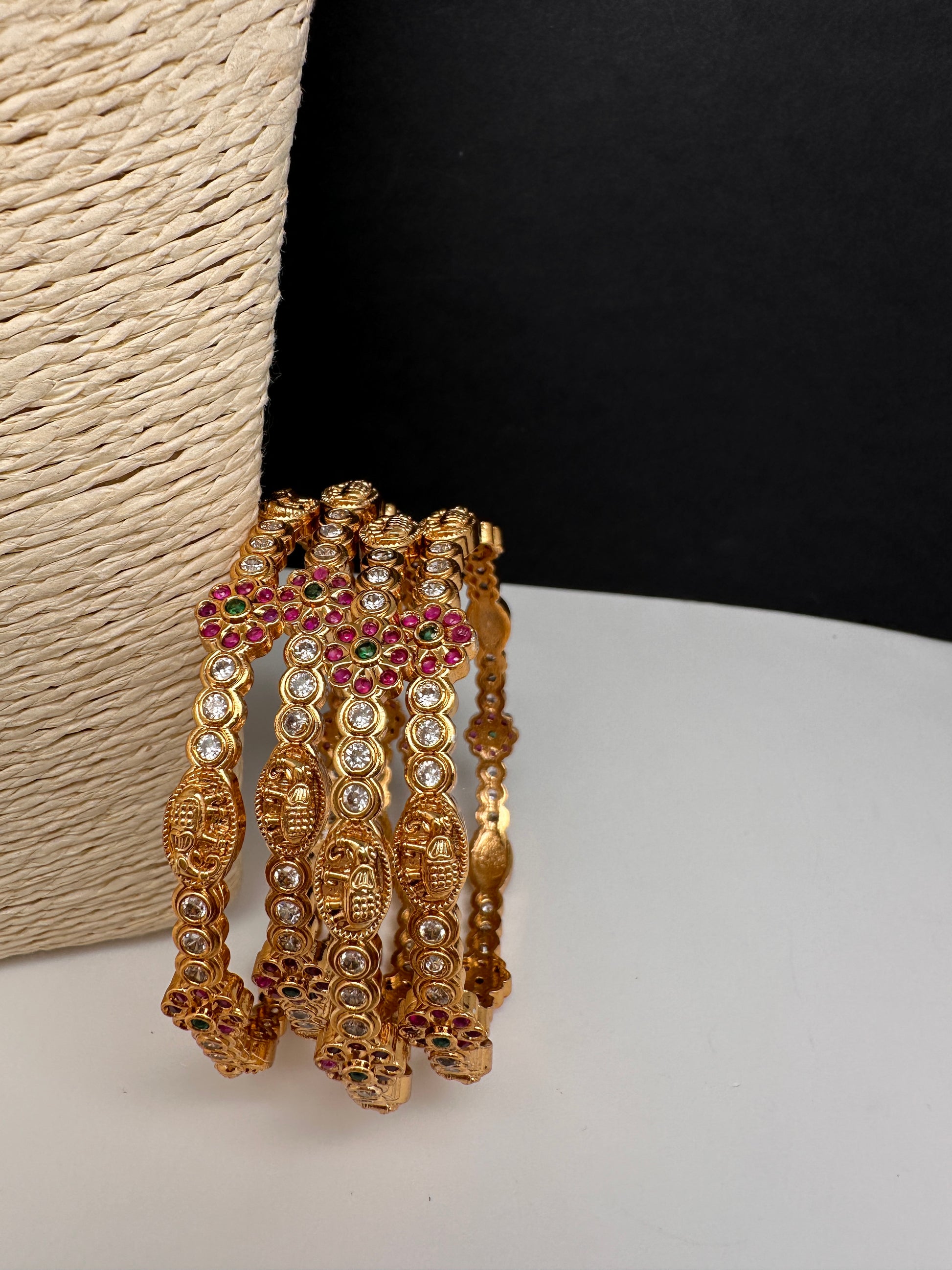 CZ Floral Elephant  Set of 4 Bangles - 2.8