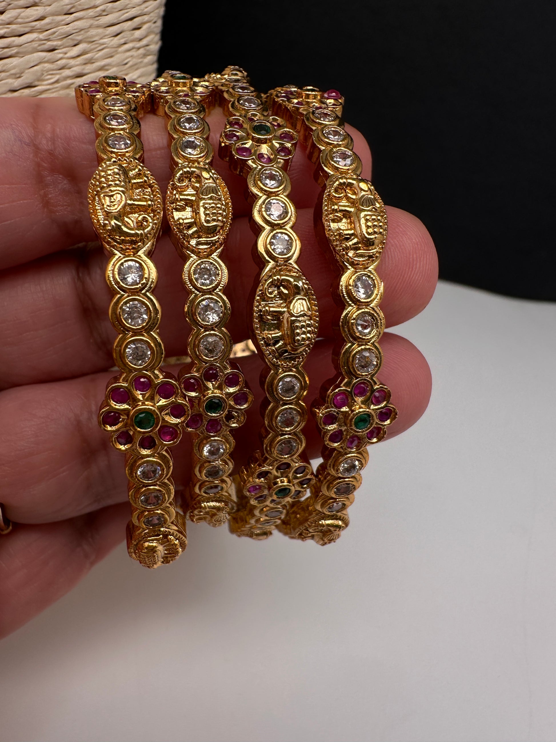 CZ Floral Elephant  Set of 4 Bangles - 2.8