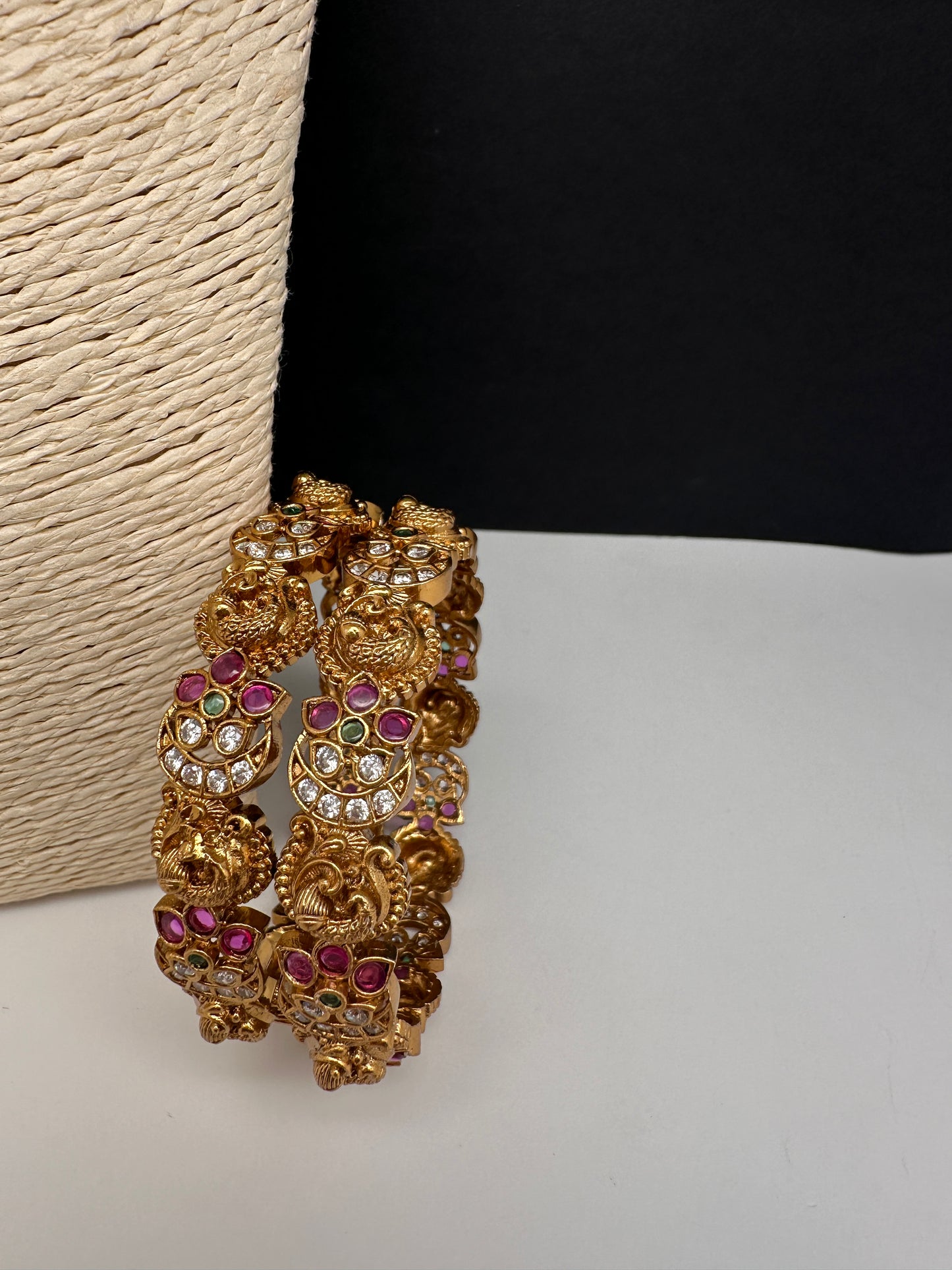 Kempu Floral Peacock Matte Bangles - 2.8