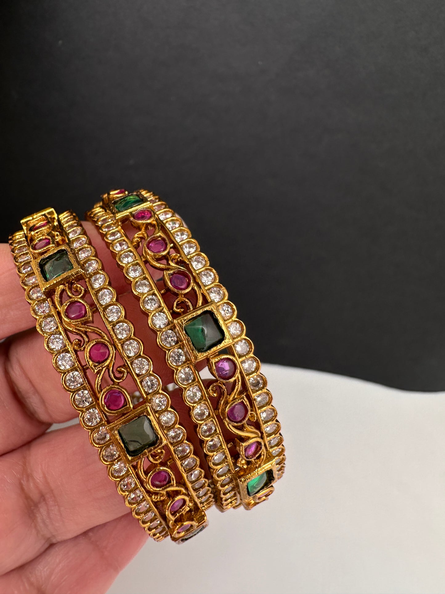 Kempu Red Green and CZ Stone Matte Bangles - 2.8