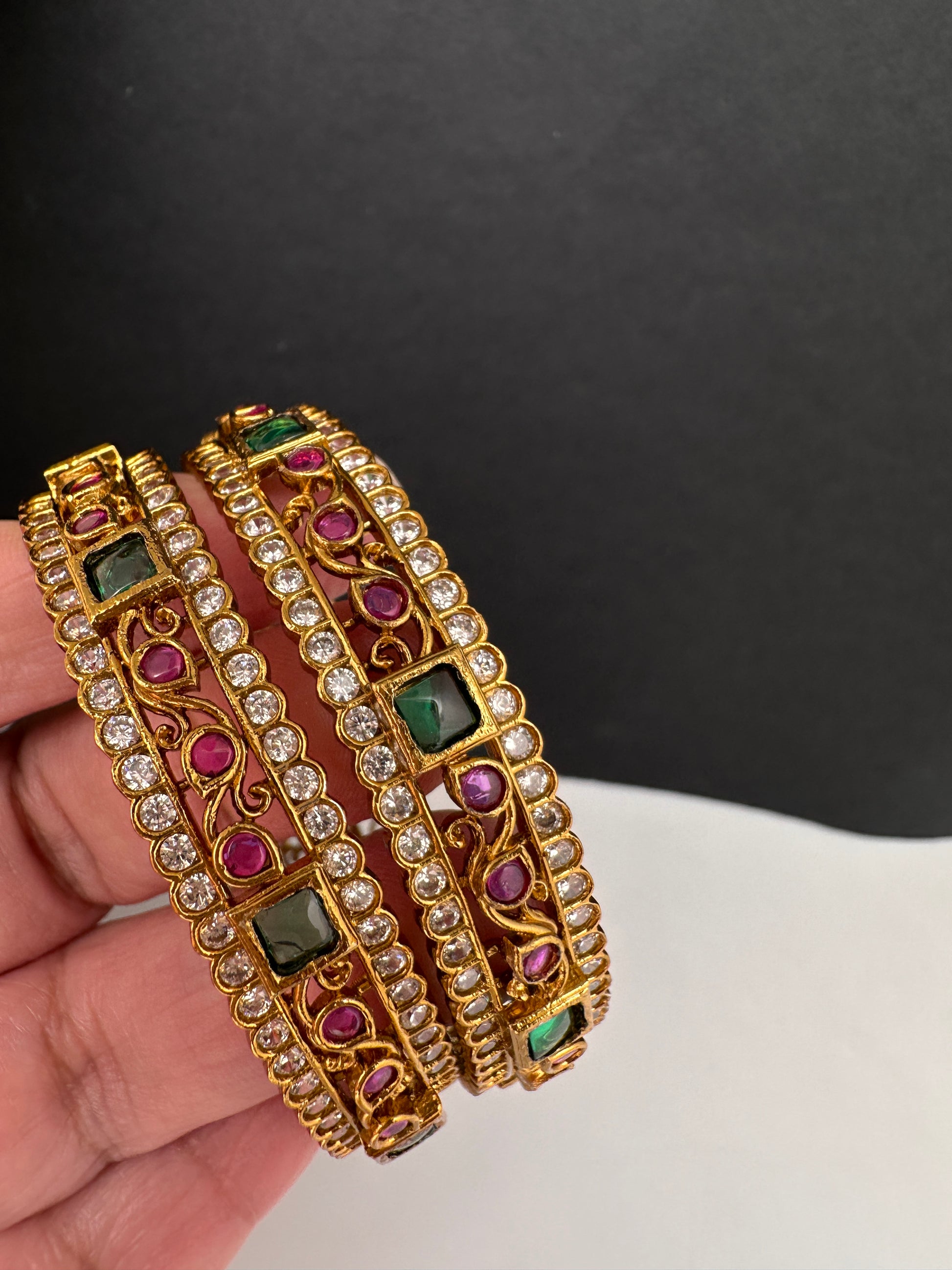 Kempu Red Green and CZ Stone Matte Bangles - 2.8