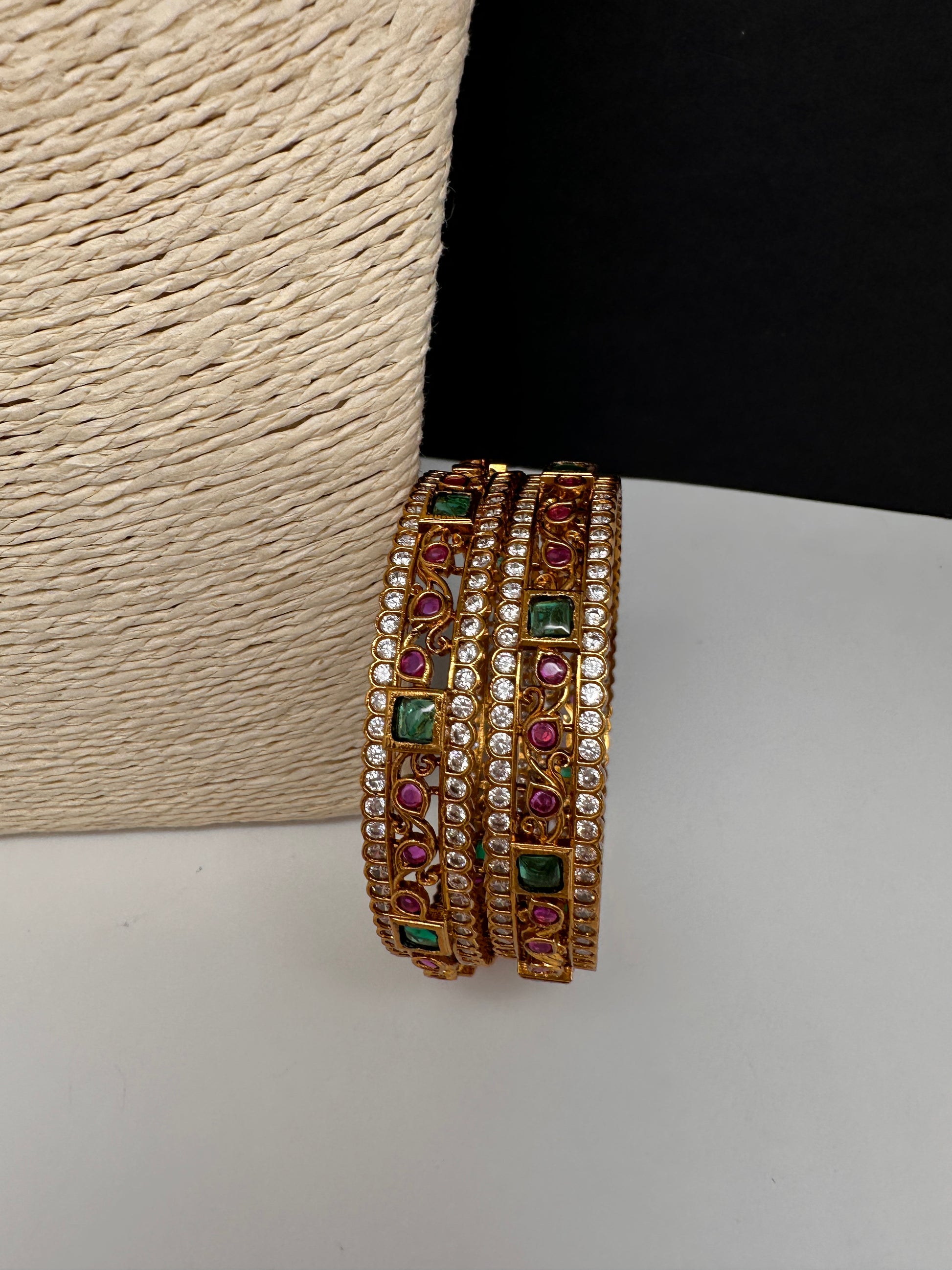 Kempu Red Green and CZ Stone Matte Bangles - 2.8