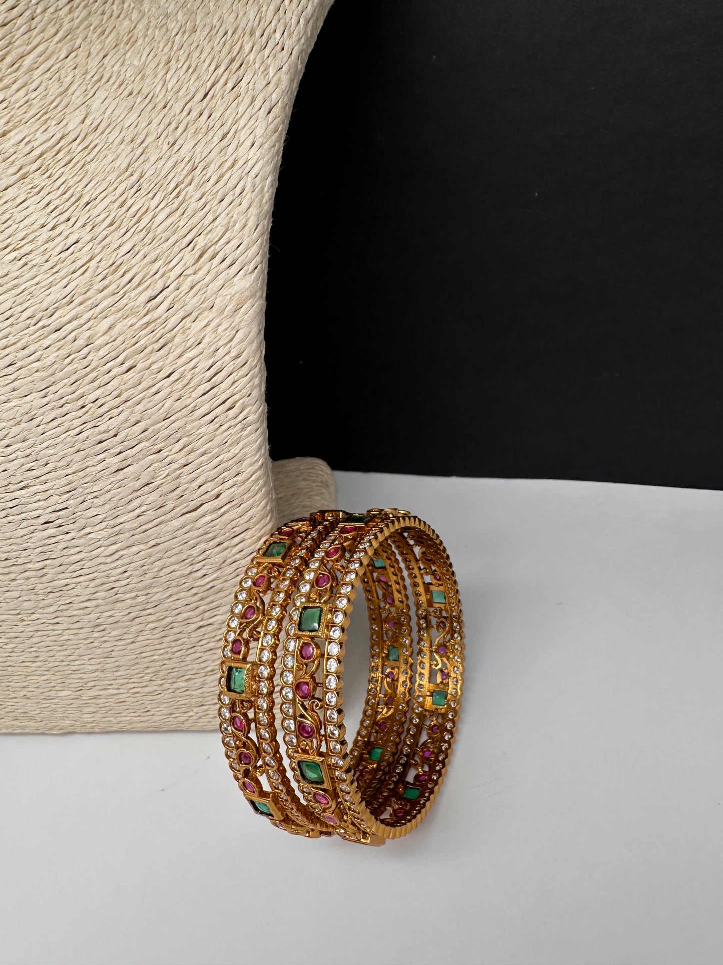 Kempu Red Green and CZ Stone Matte Bangles - 2.8