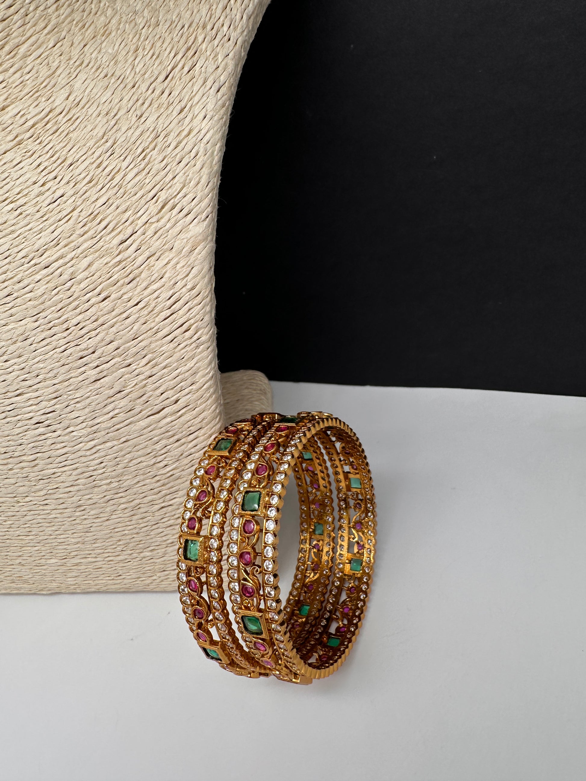 Kempu Red Green and CZ Stone Matte Bangles - 2.8