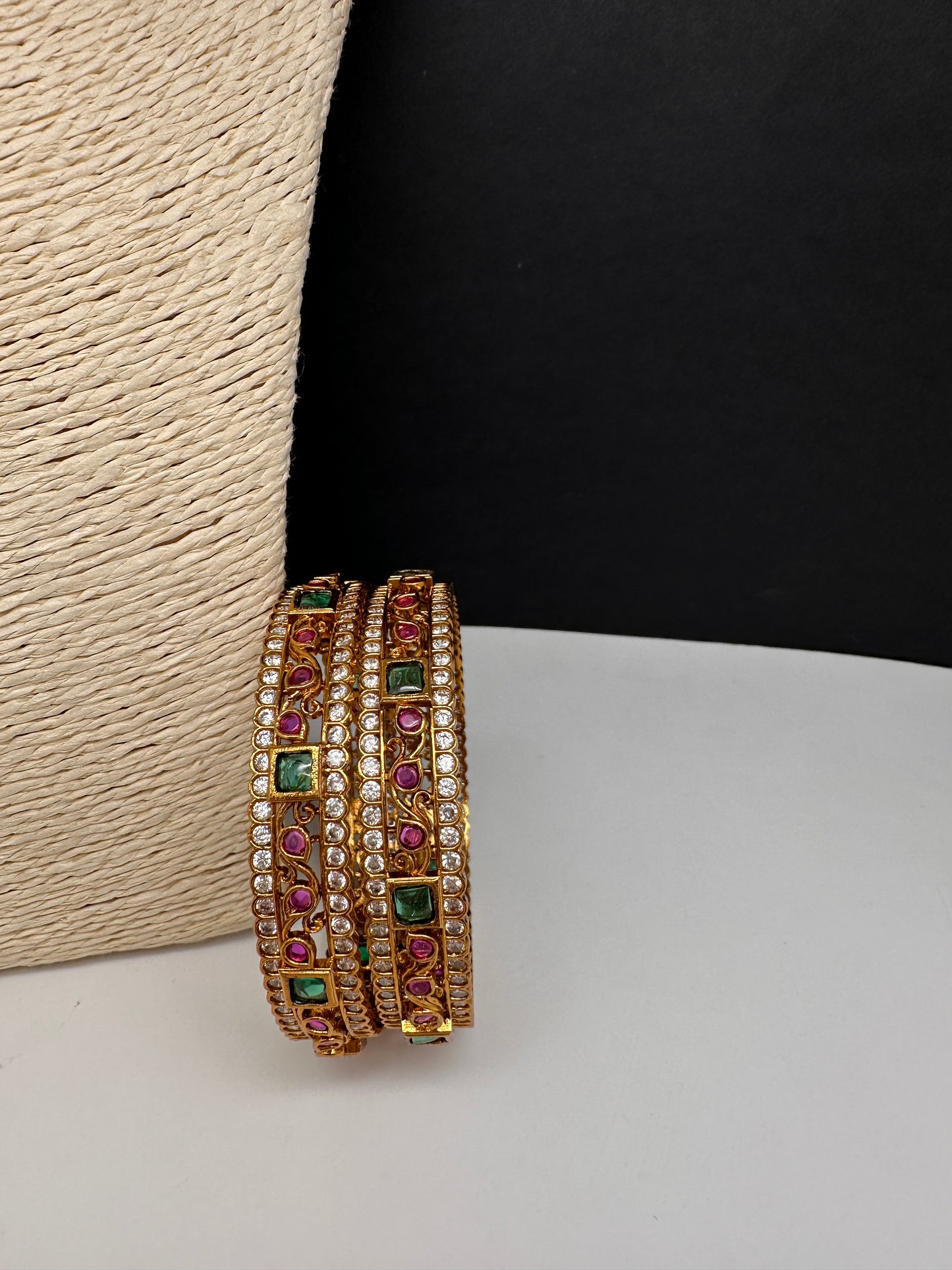 Kempu Red Green and CZ Stone Matte Bangles - 2.8