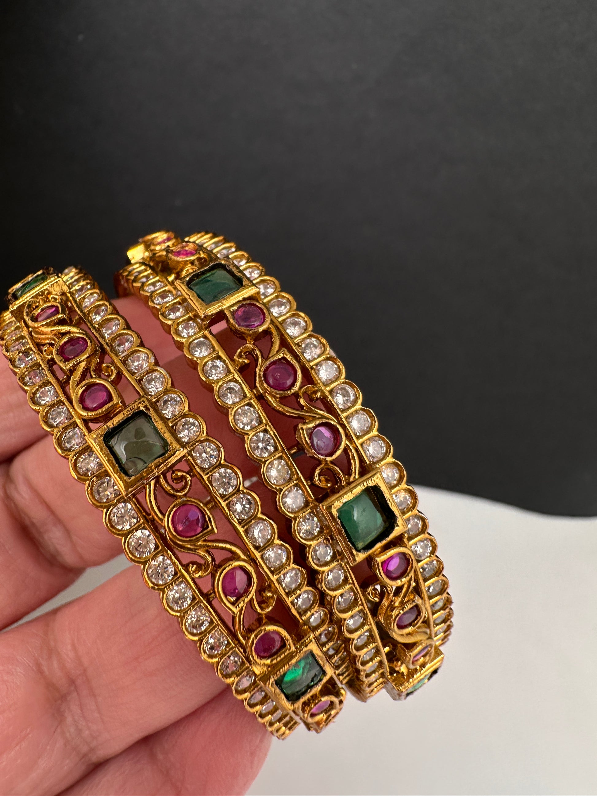 Kempu Red Green and CZ Stone Matte Bangles - 2.8