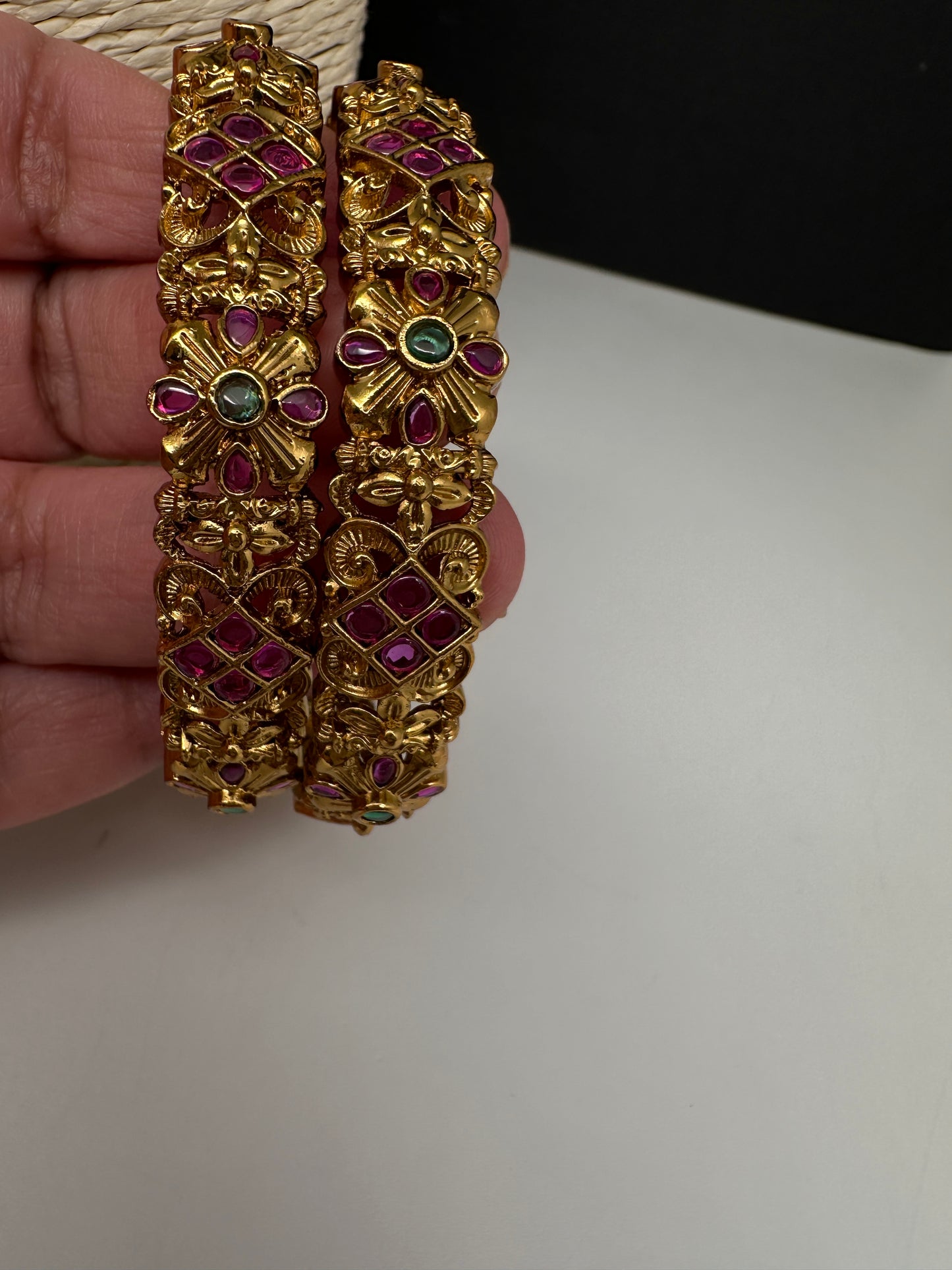 Matte Antique Floral Kempu Bangles - 2.8