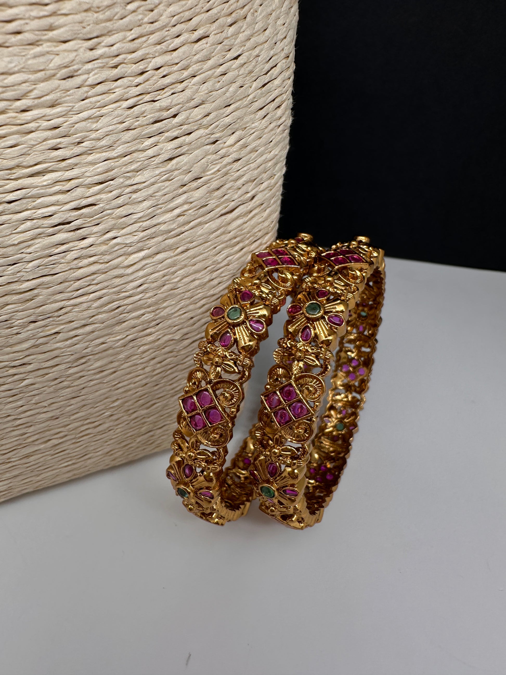Matte Antique Floral Kempu Bangles - 2.8