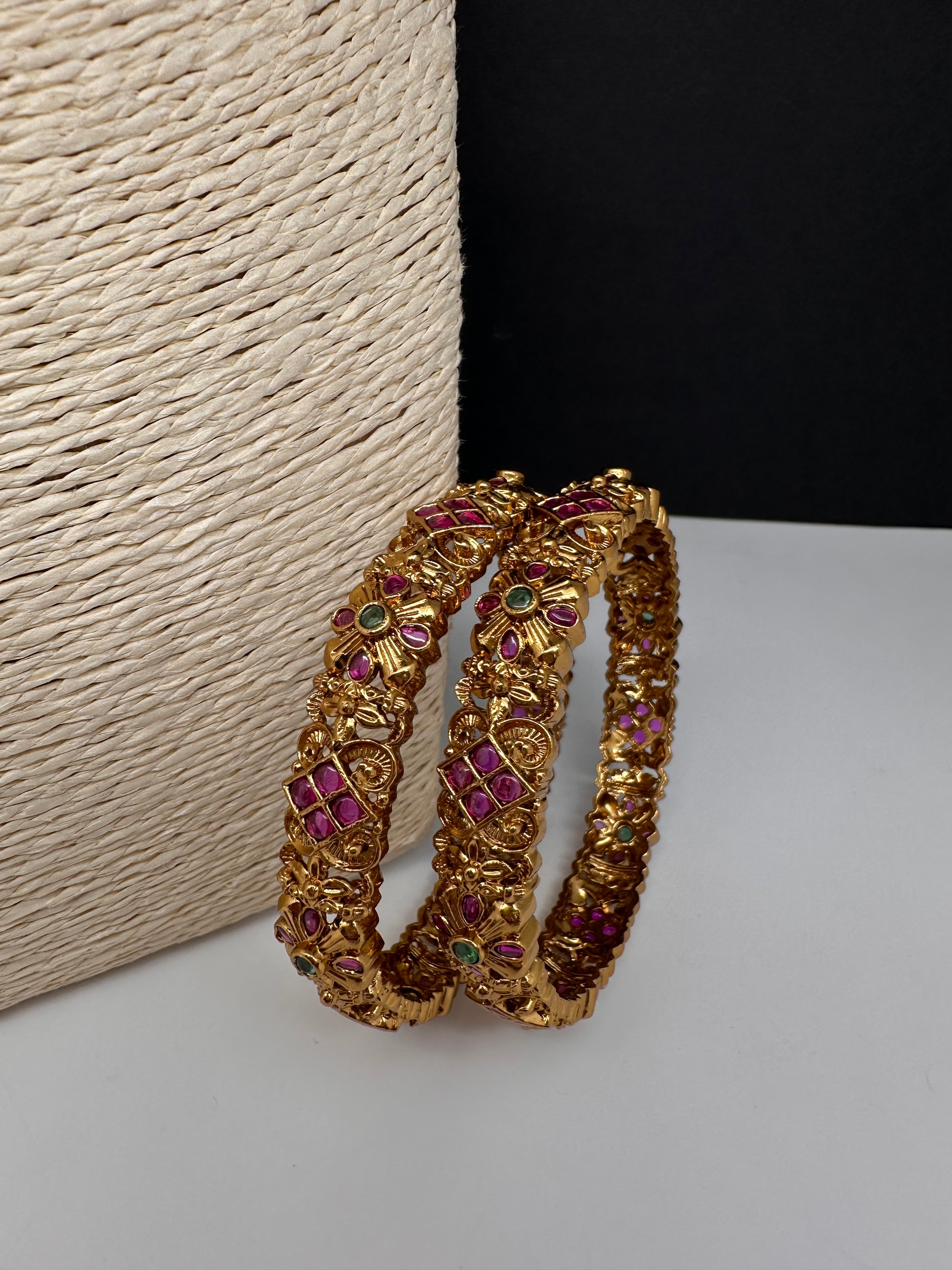 Matte Antique Floral Kempu Bangles - 2.8
