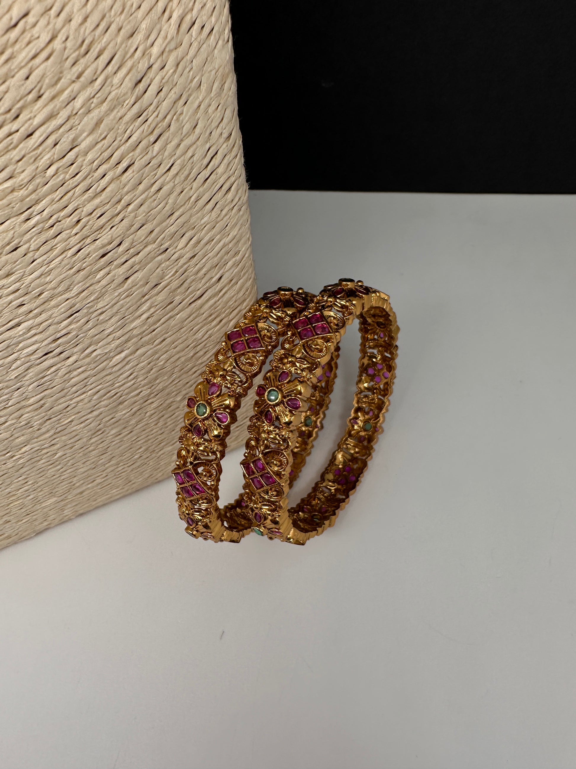 Matte Antique Floral Kempu Bangles - 2.8