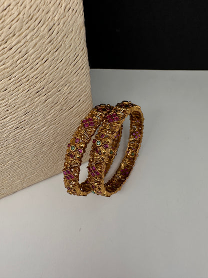 Matte Antique Floral Kempu Bangles - 2.8