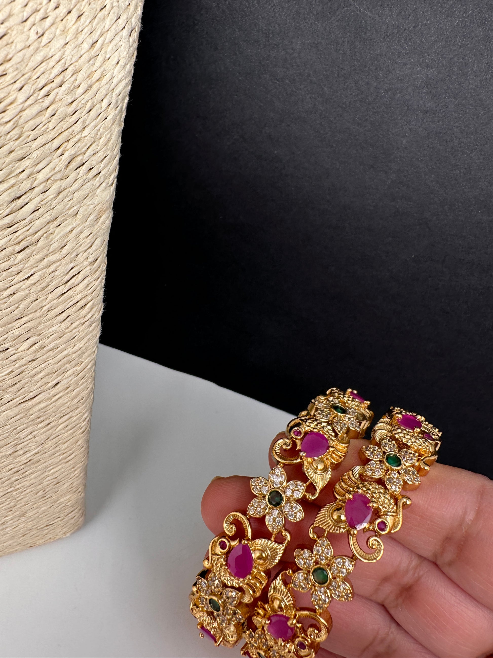 CZ Red Green Stones Bangles in Gold Finish - 2.8