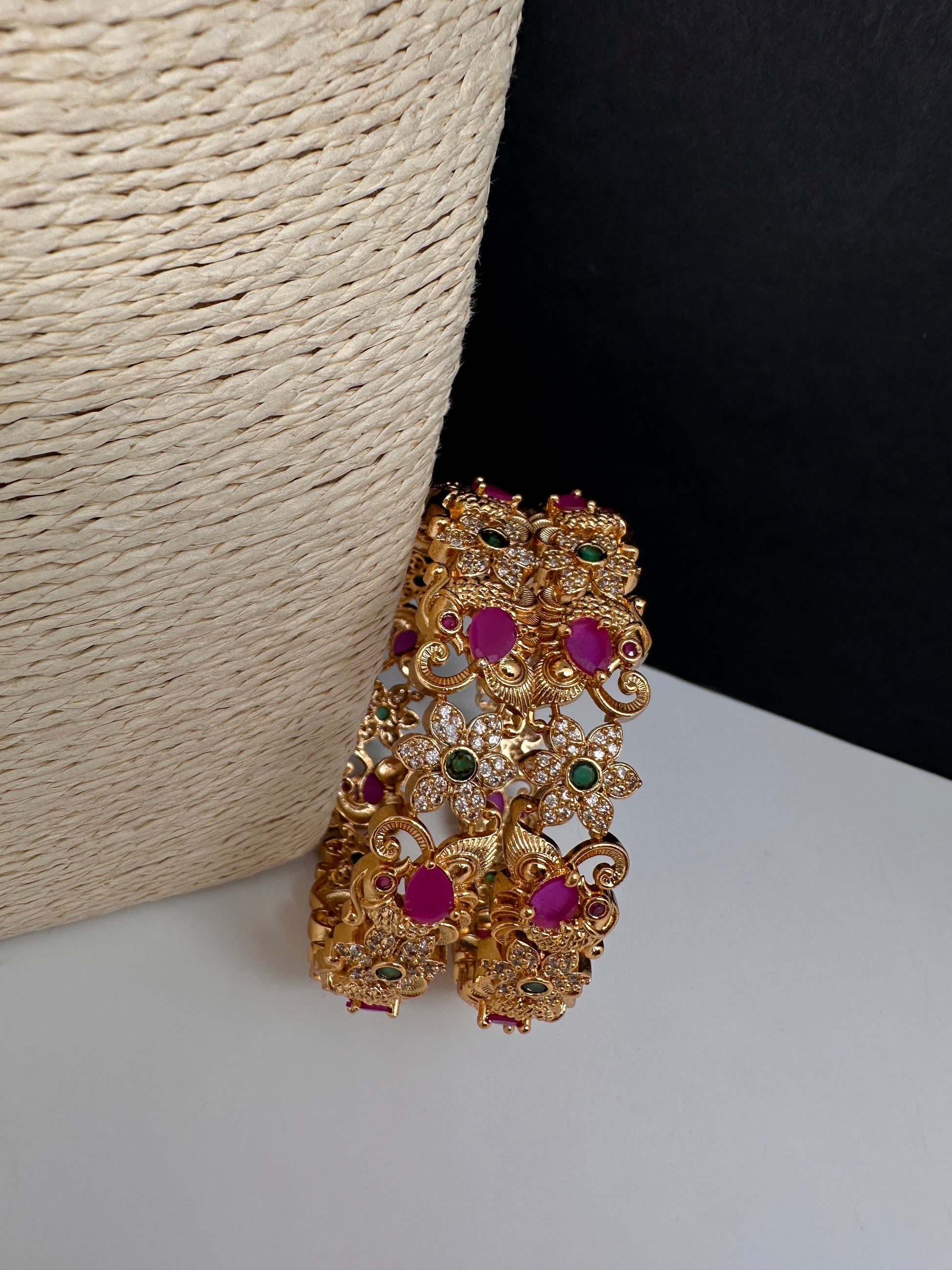CZ Red Green Stones Bangles in Gold Finish - 2.8