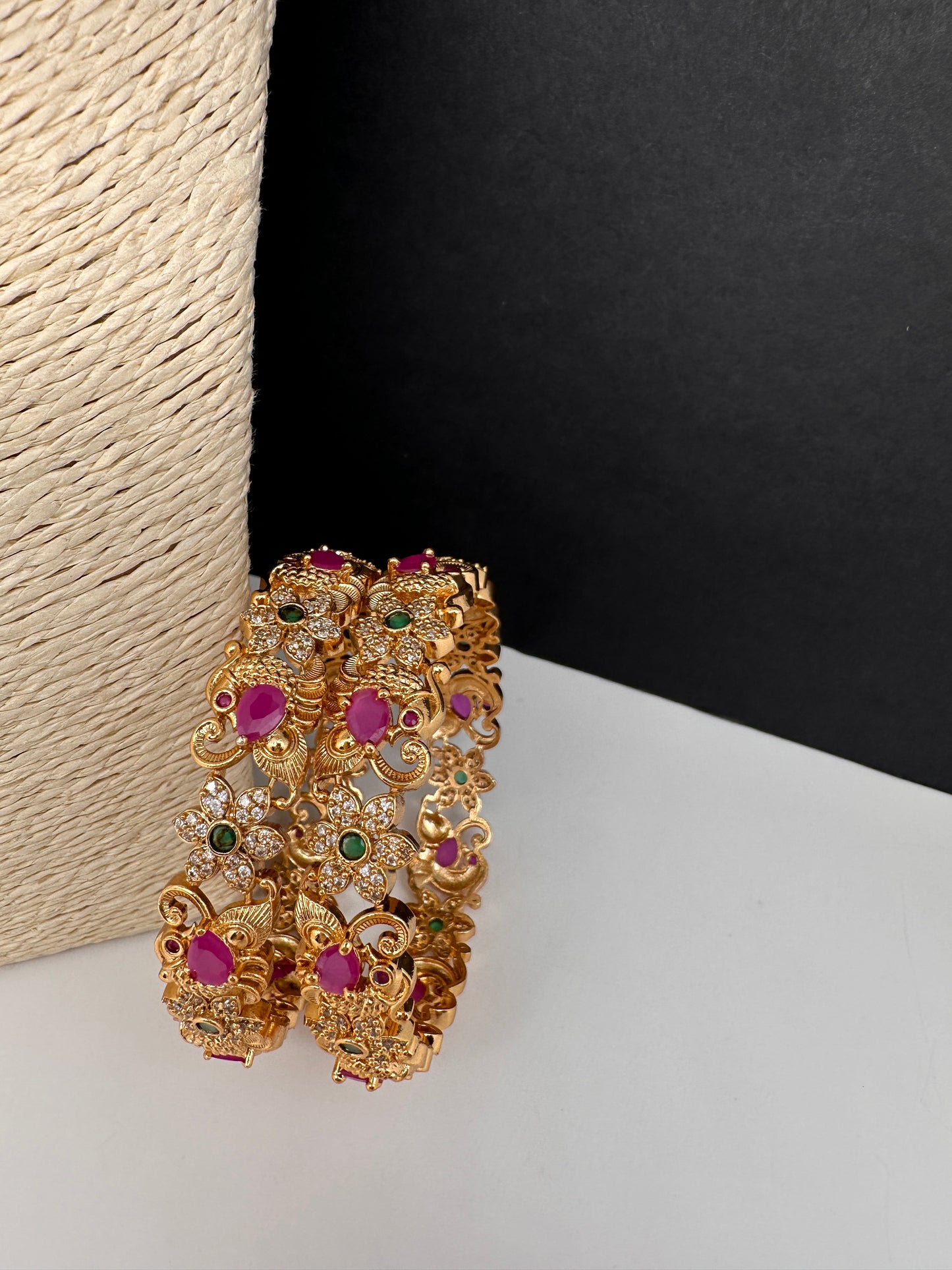 CZ Red Green Stones Bangles in Gold Finish - 2.8