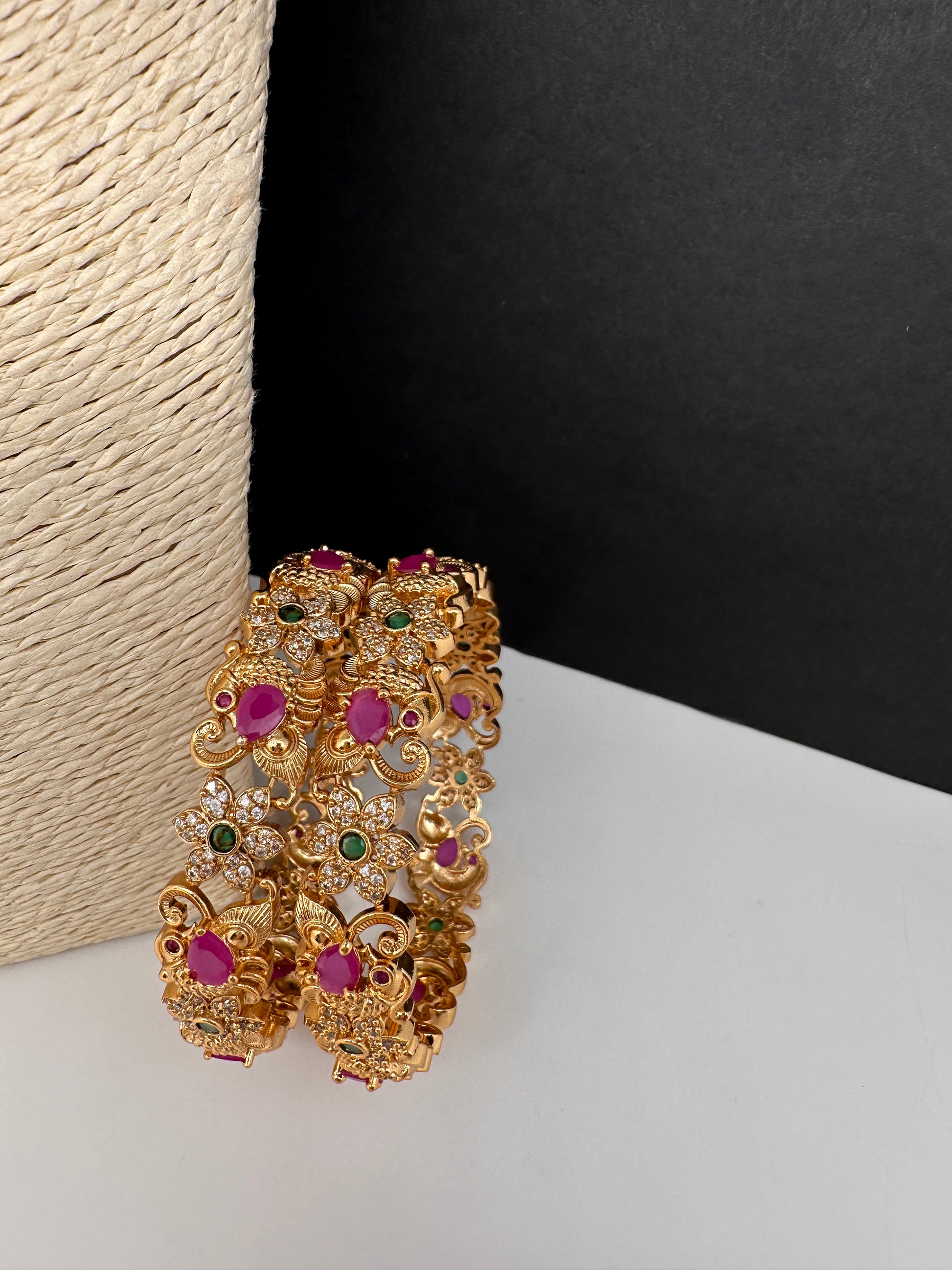 CZ Red Green Stones Bangles in Gold Finish - 2.8