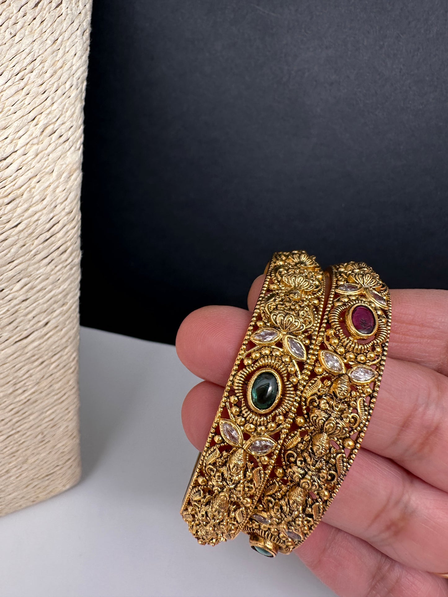 Matte Goddess Lakshmi Multi Color Stones Antique Bangles - 2.8