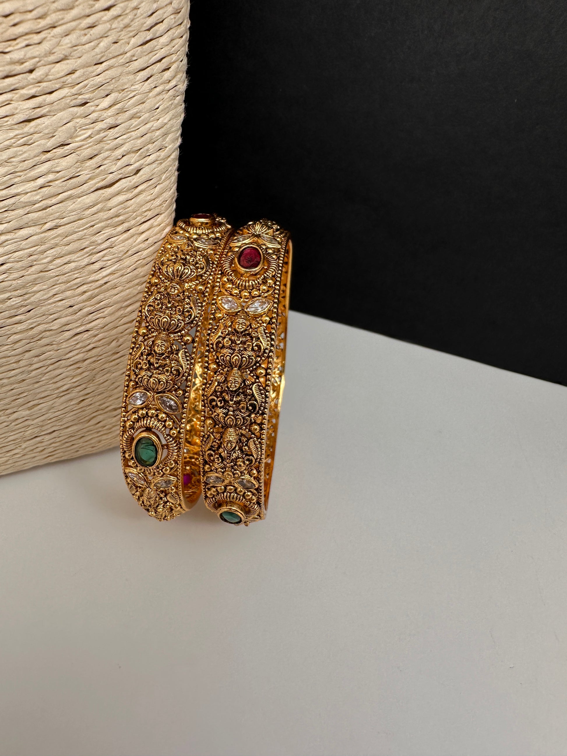 Matte Goddess Lakshmi Multi Color Stones Antique Bangles - 2.8