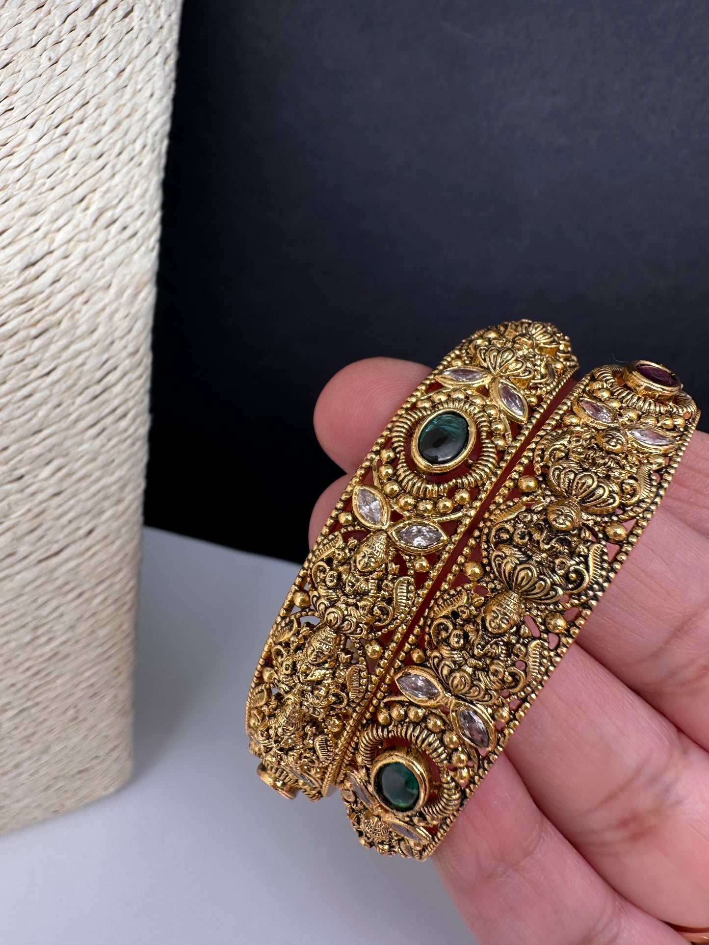Matte Goddess Lakshmi Multi Color Stones Antique Bangles - 2.8