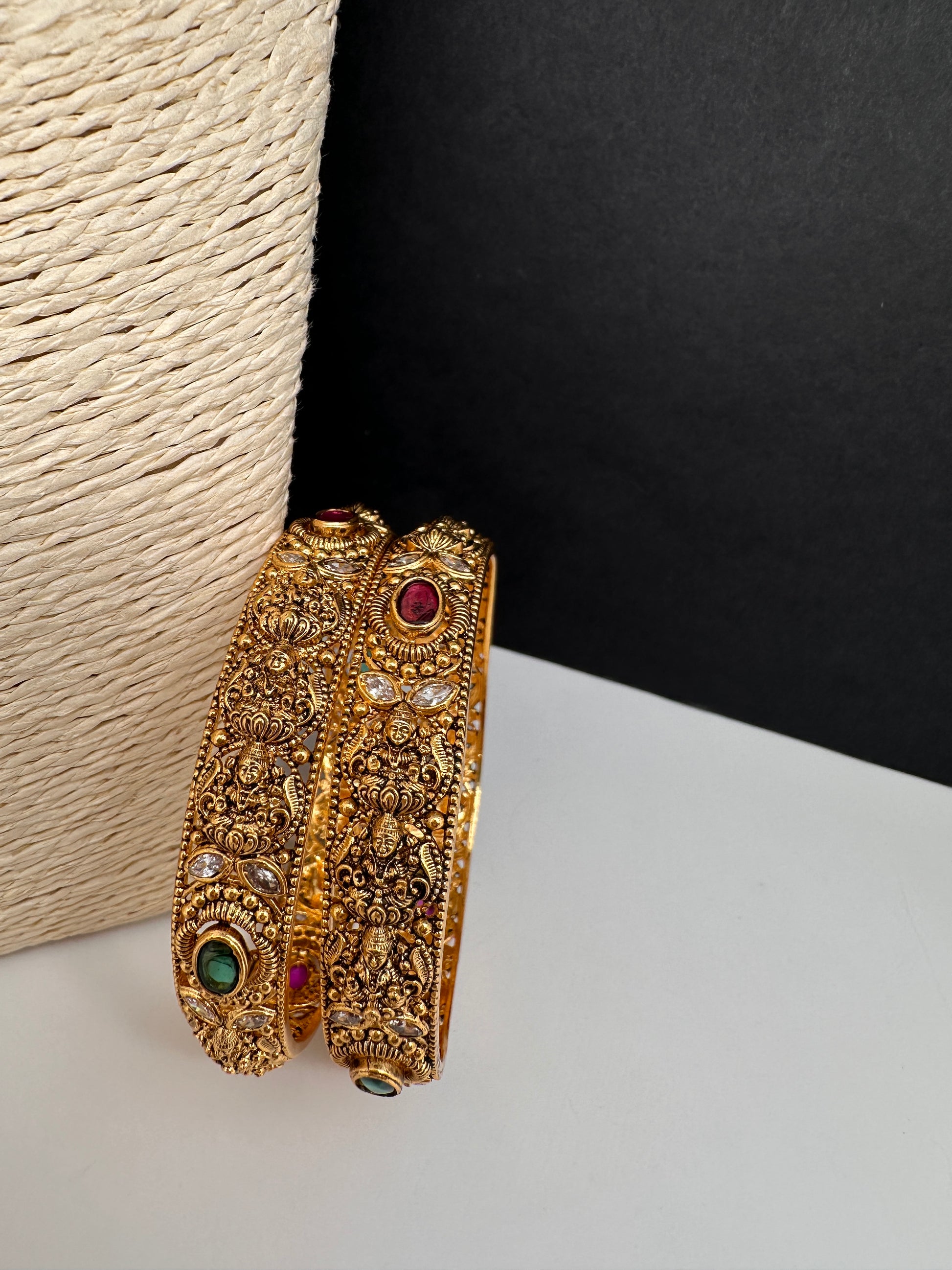 Matte Goddess Lakshmi Multi Color Stones Antique Bangles - 2.8