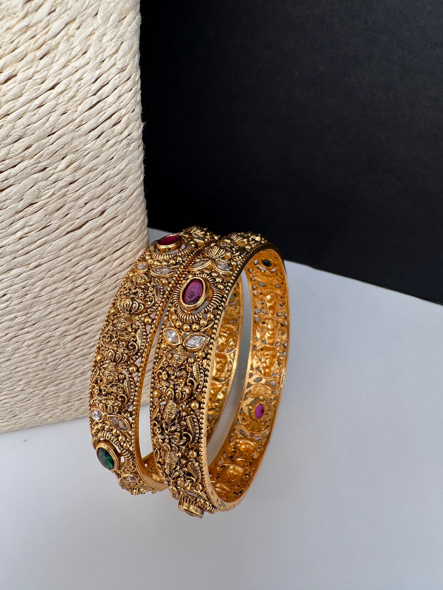 Matte Goddess Lakshmi Multi Color Stones Antique Bangles - 2.8