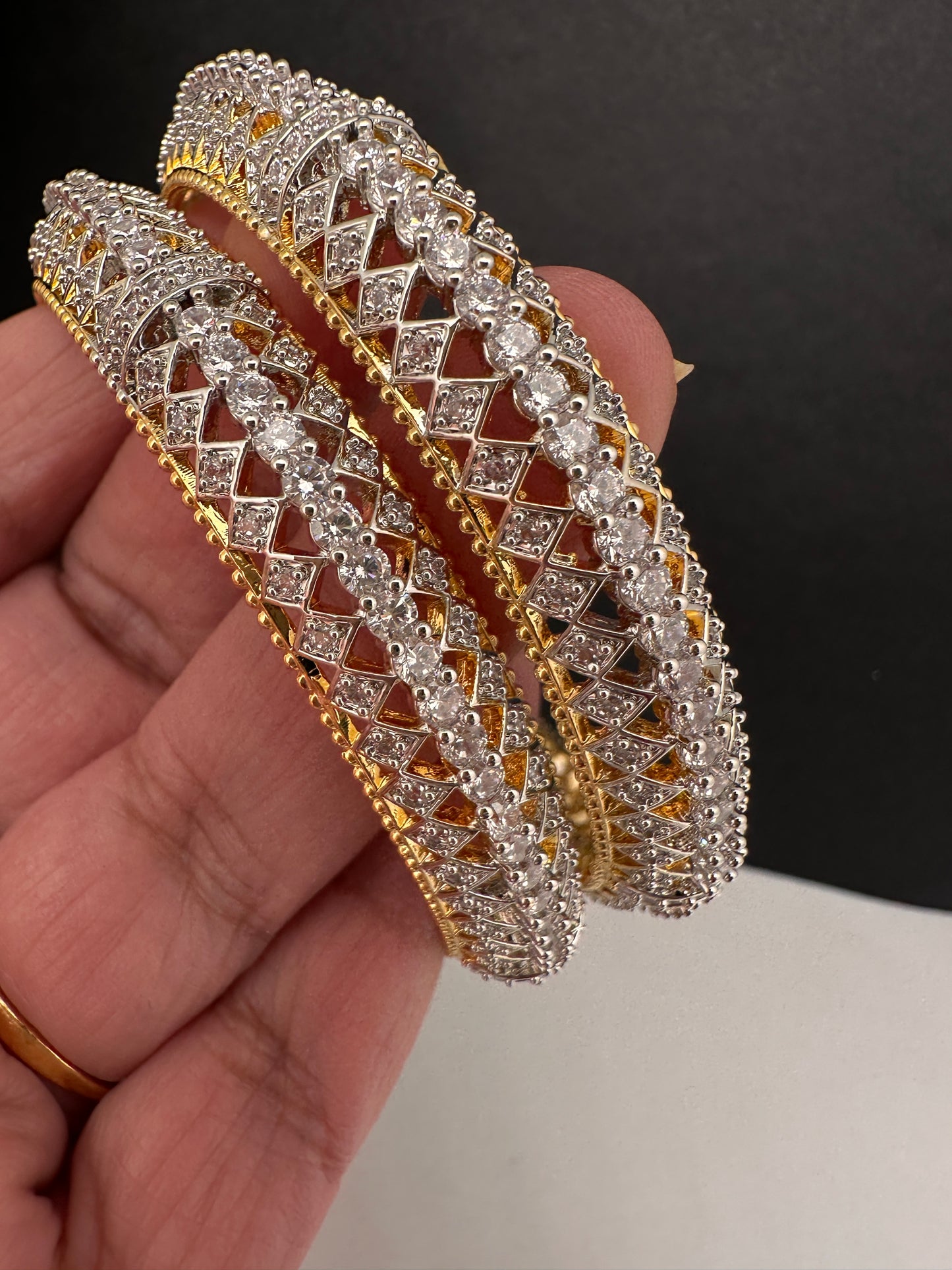 AD stone kada bangles in golden finish - festive pair