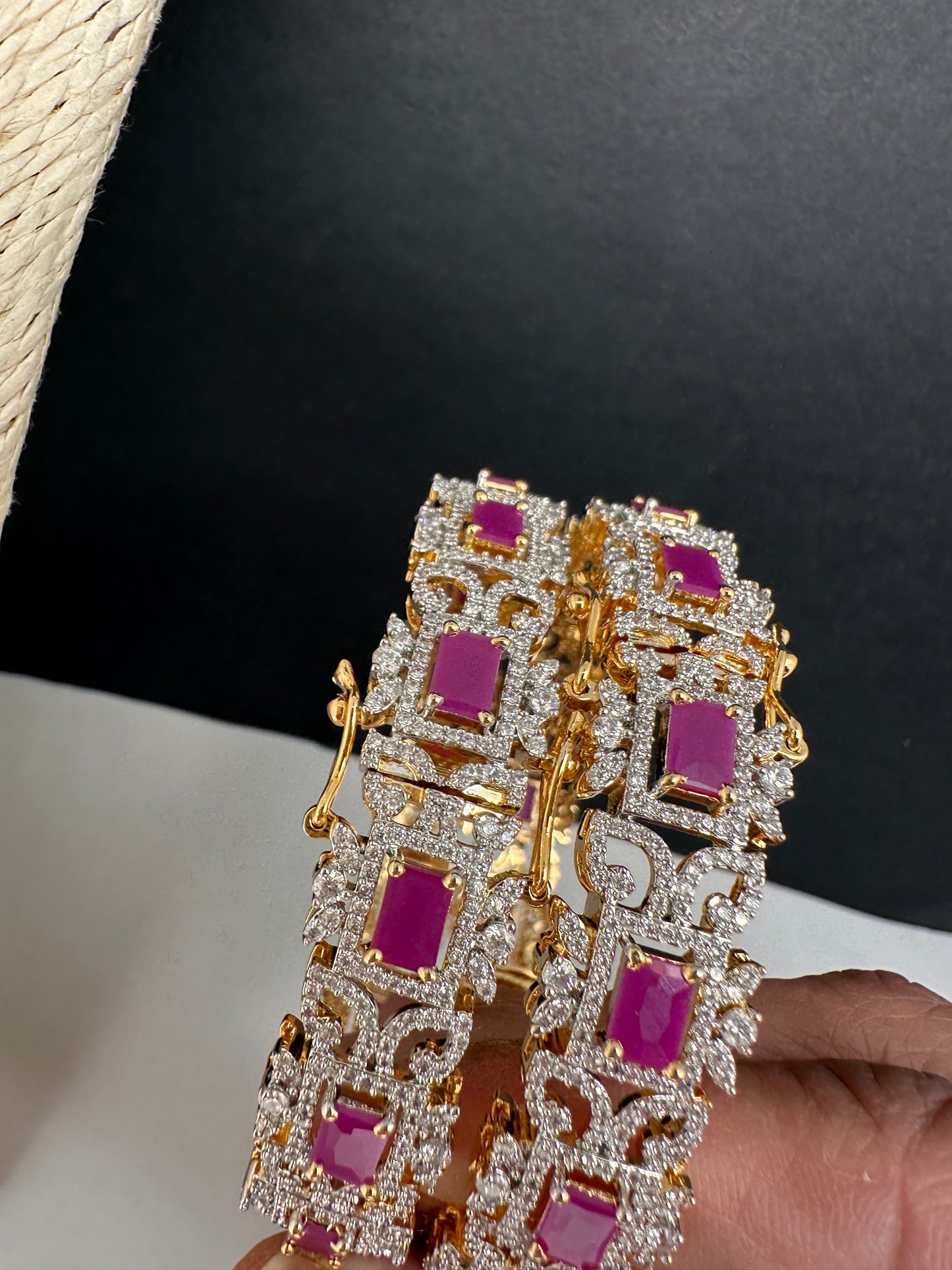 AD Diamond Finish Ruby Openable Bangles - 2.8