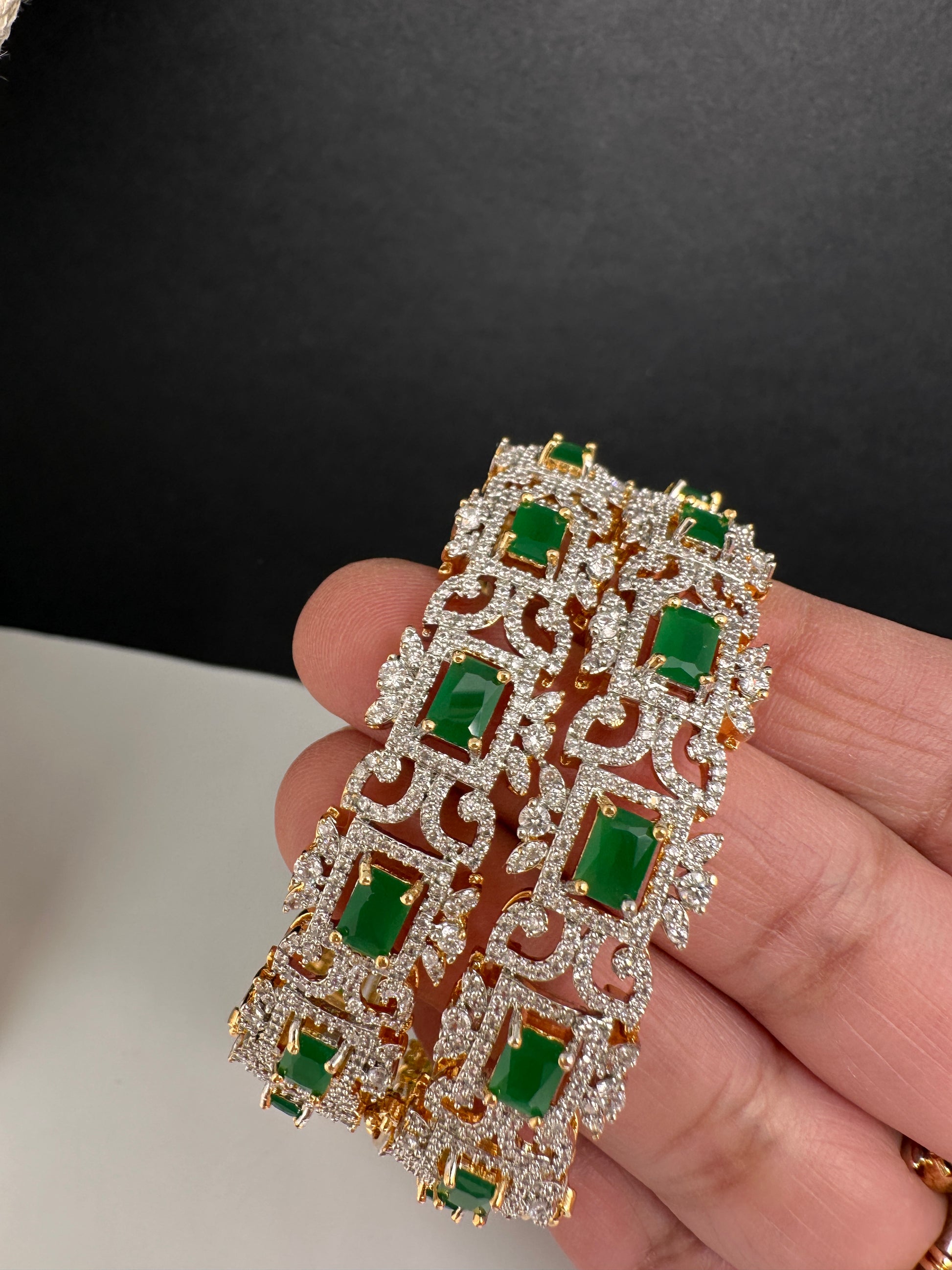 Golden AD green stone openable bangles - Indian wedding jewelry