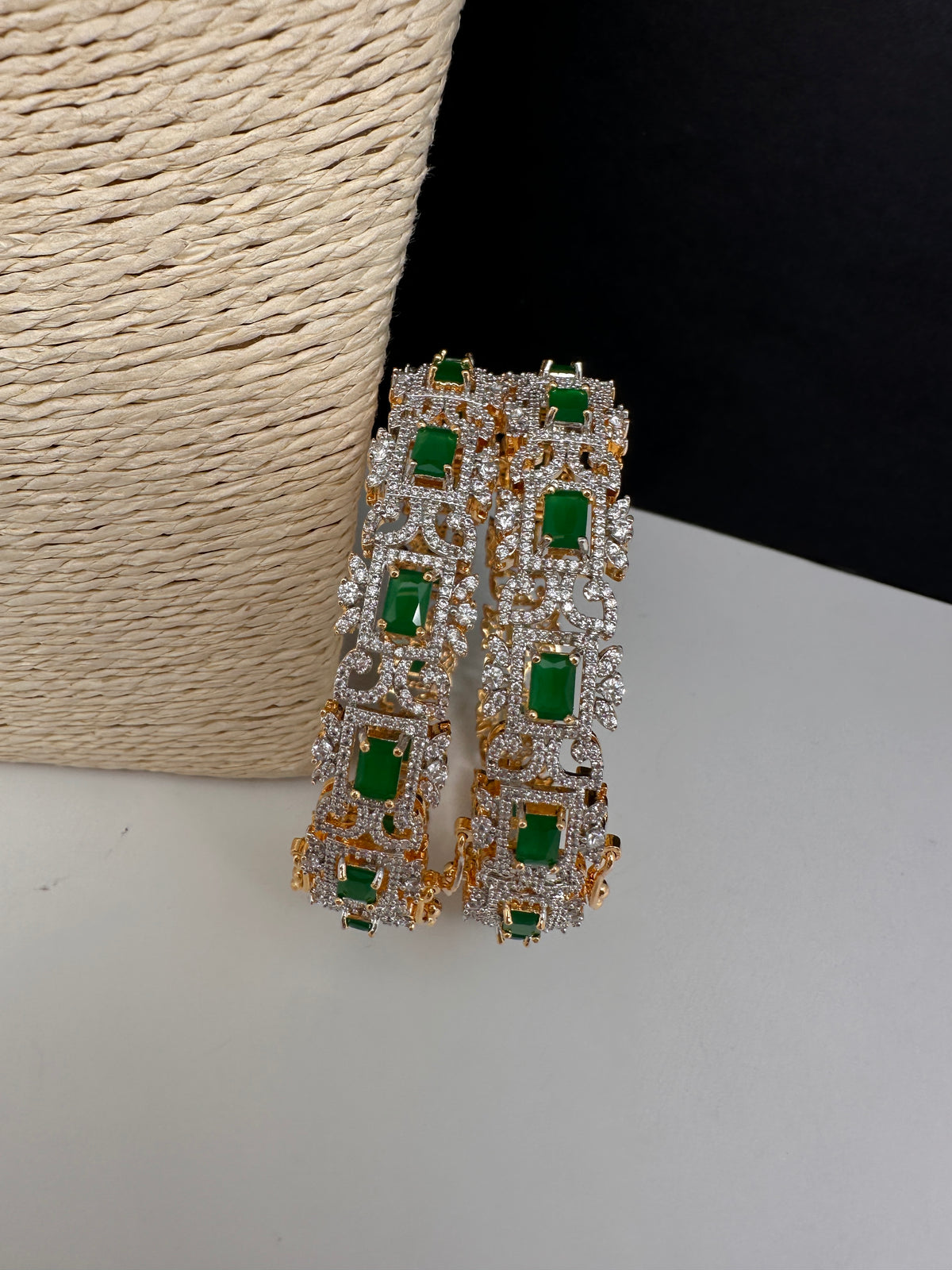 Emerald green AD openable bangles pair for festive Indian wear