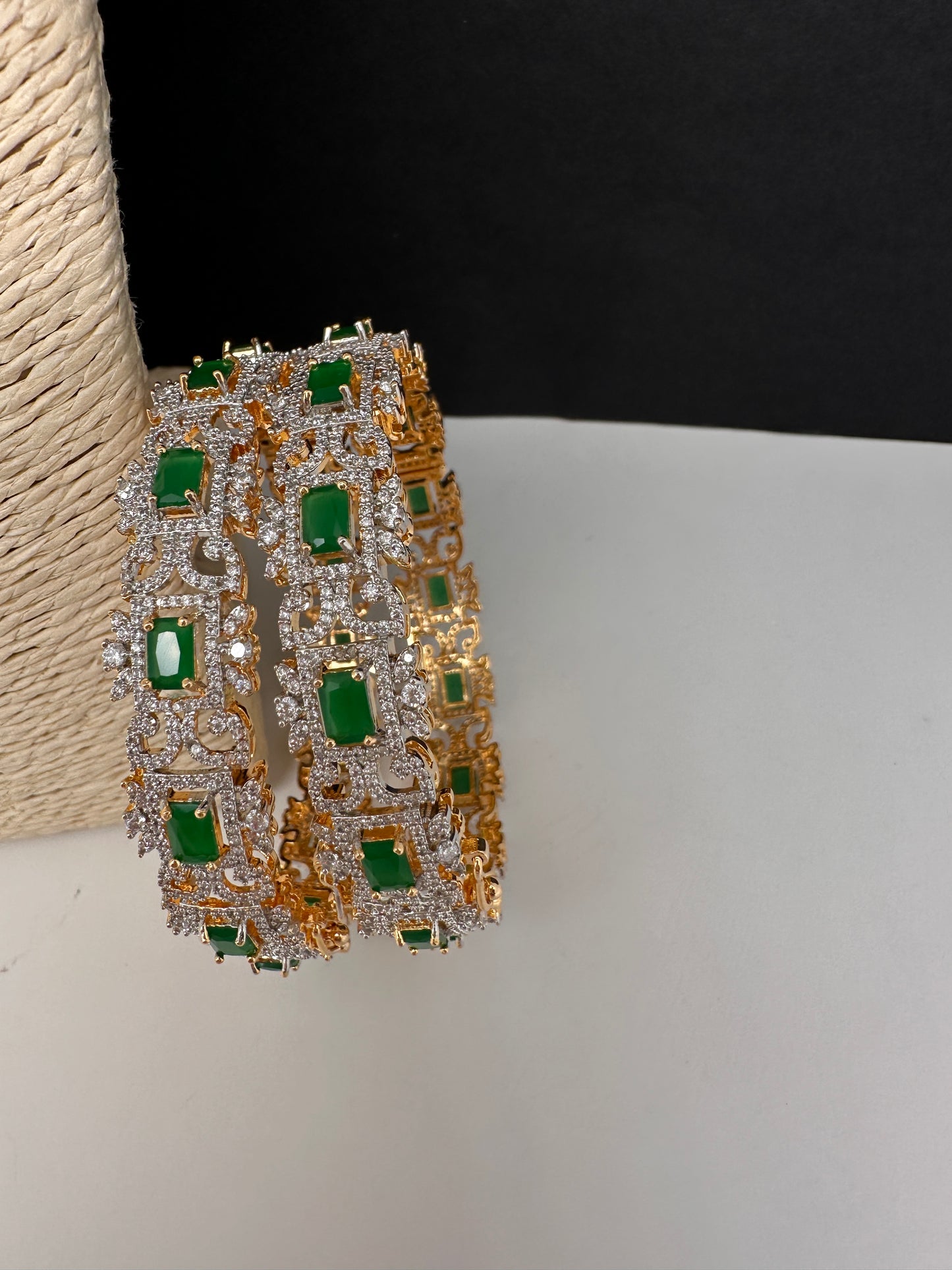 AD diamond finish green stone bangles - openable pair
