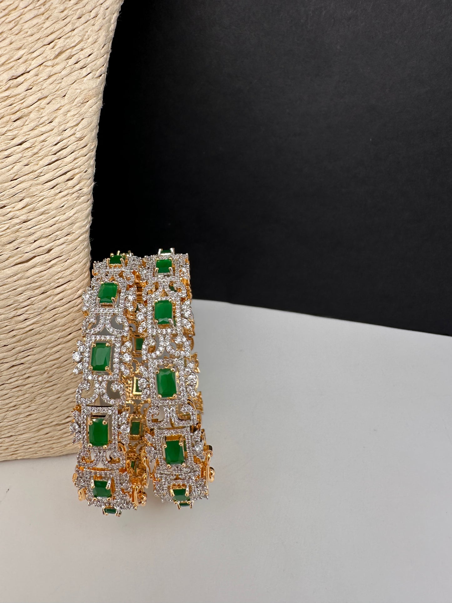 Emerald green AD bangles in golden finish - festive jewelry pair