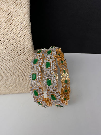 AD emerald green openable bangles pair in golden finish