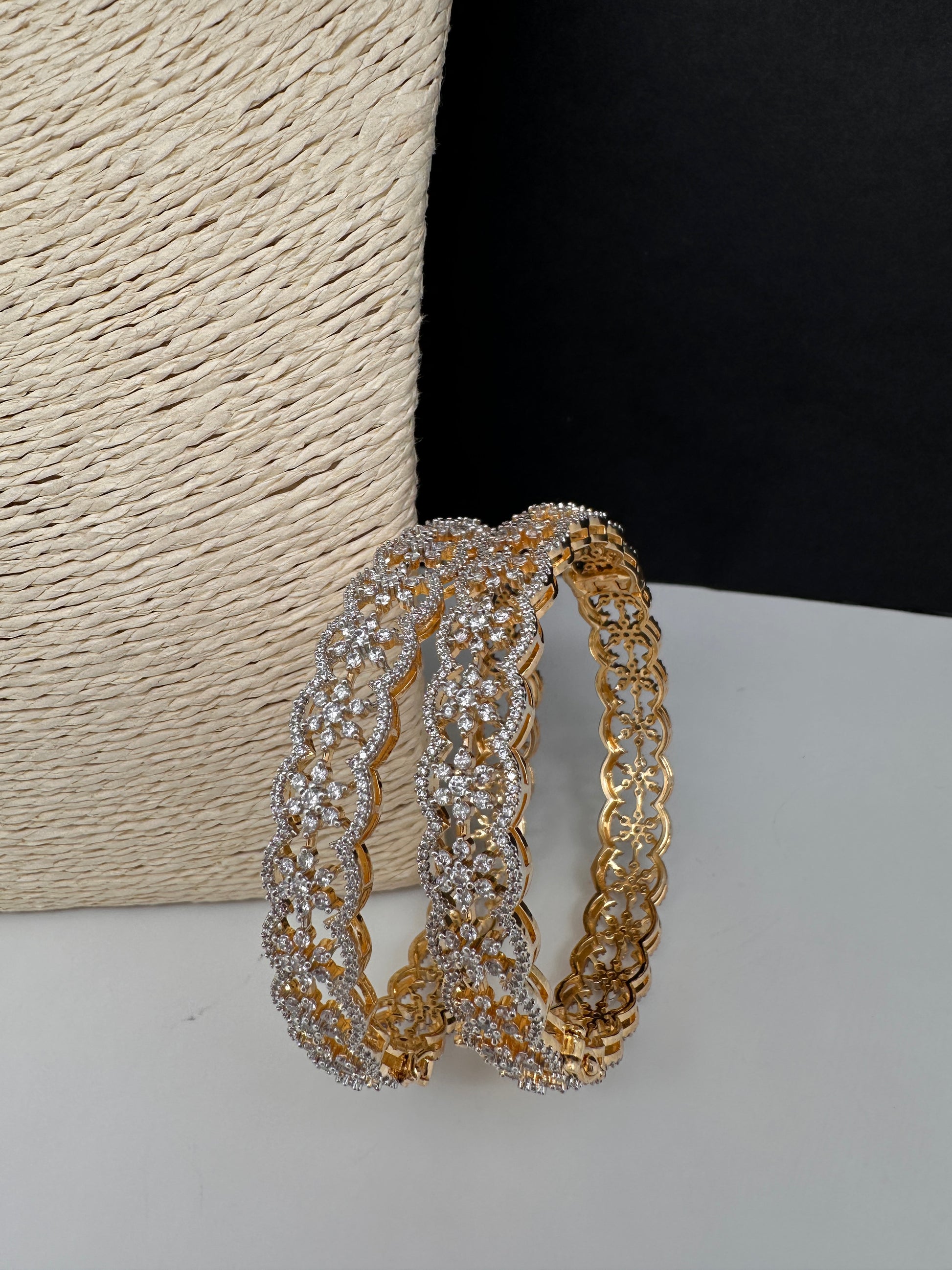 Golden AD floral openable kada bangles pair - Indian jewelry