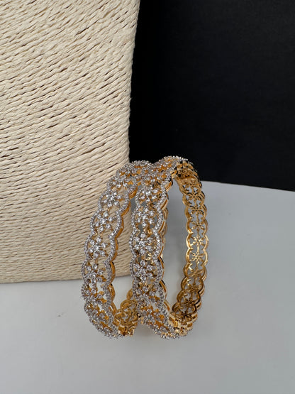 Golden AD floral openable kada bangles pair - Indian jewelry