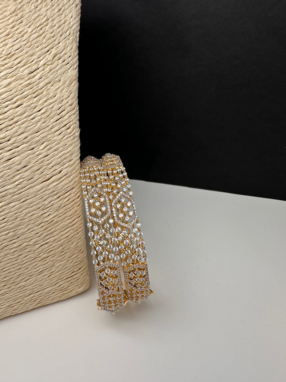 Golden openable AD kada bangles for festive Indian wear