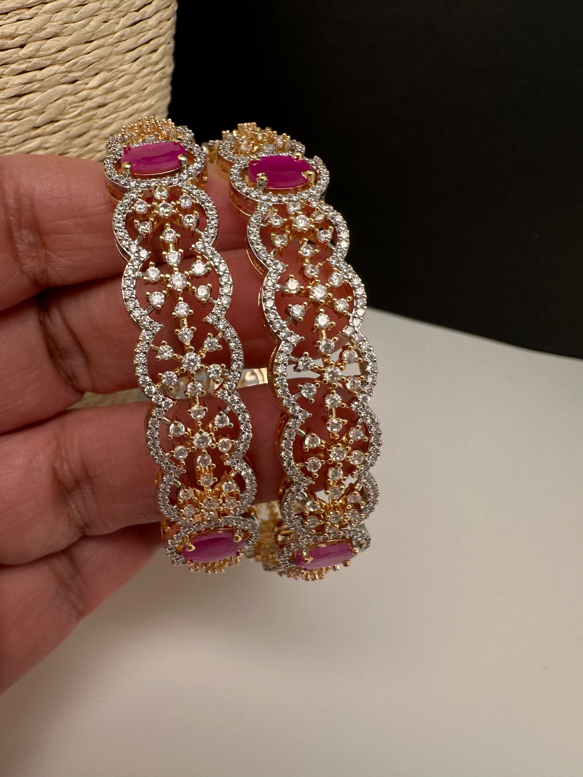 Golden floral AD red stone bangles for Indian weddings