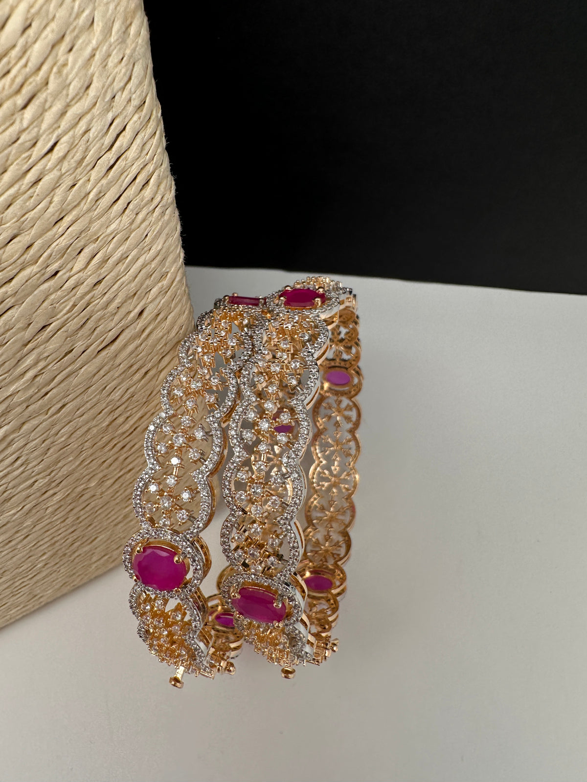 Ruby red AD floral openable bangles pair - festive jewelry