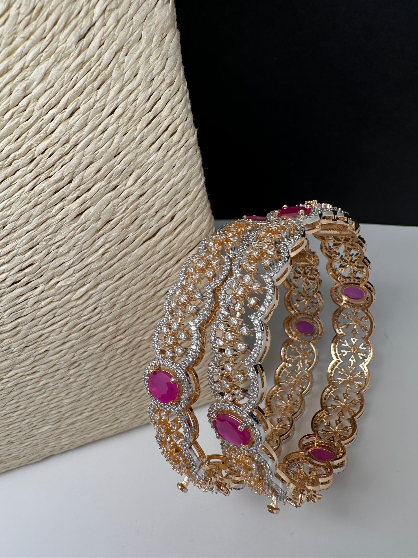 Openable AD floral red stone bangles pair - Indian jewelry
