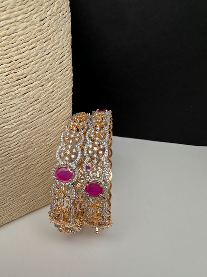 AD floral ruby red openable bangles pair - golden finish