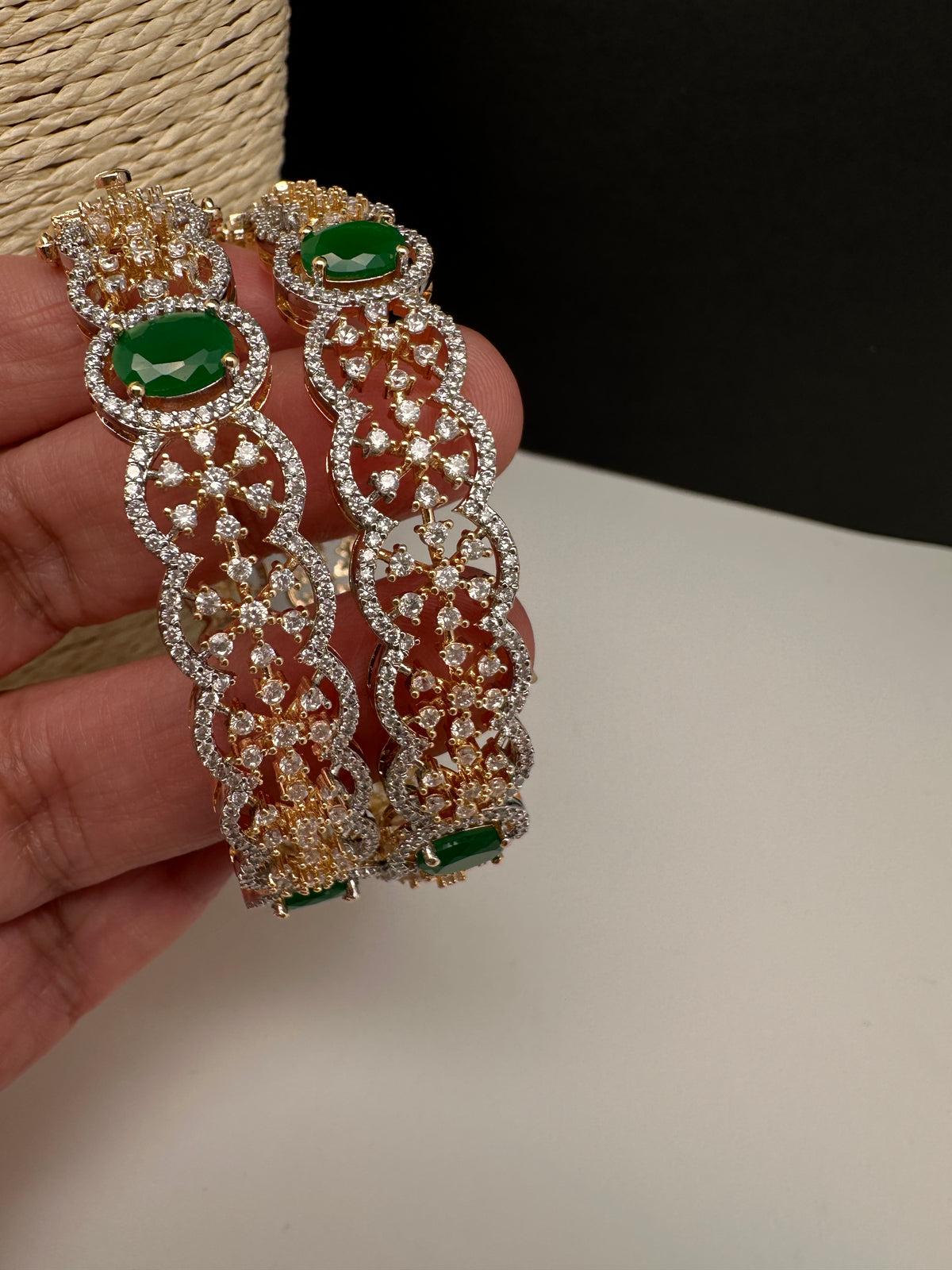 Golden floral AD green stone bangles for Indian weddings