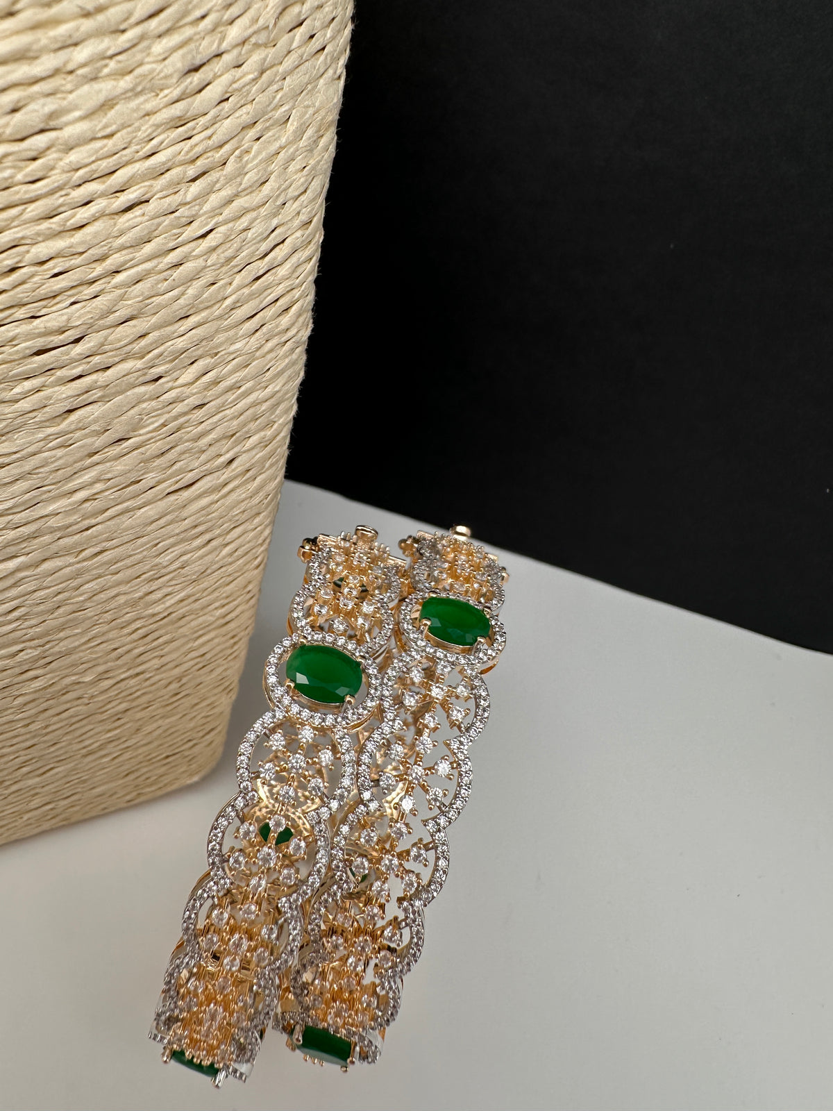 Elegant golden emerald floral AD bangles for wedding outfits