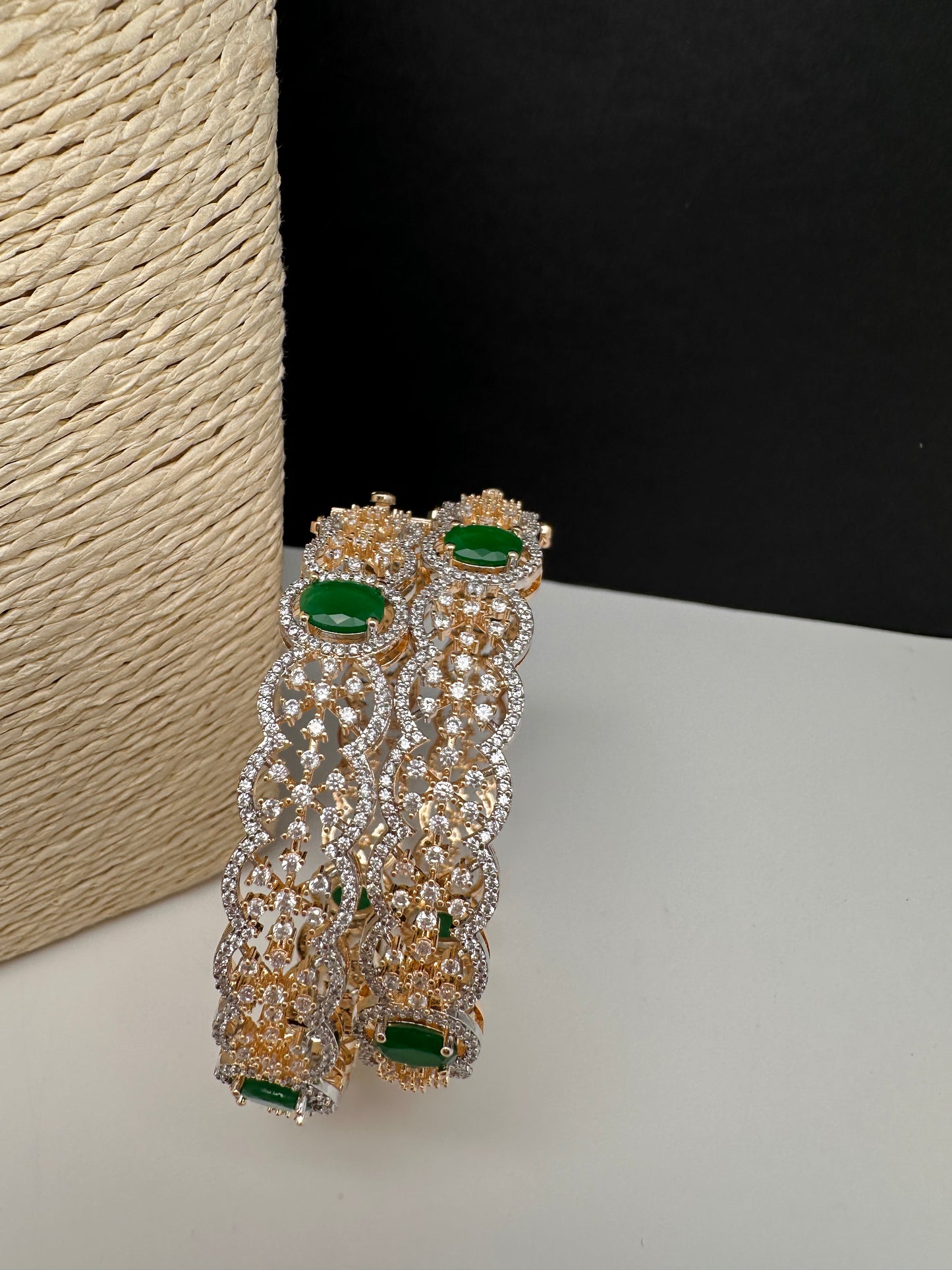Openable AD floral green stone bangles pair - Indian jewelry