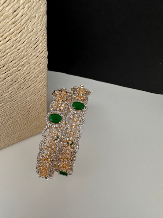 AD floral emerald green openable bangles pair - golden finish