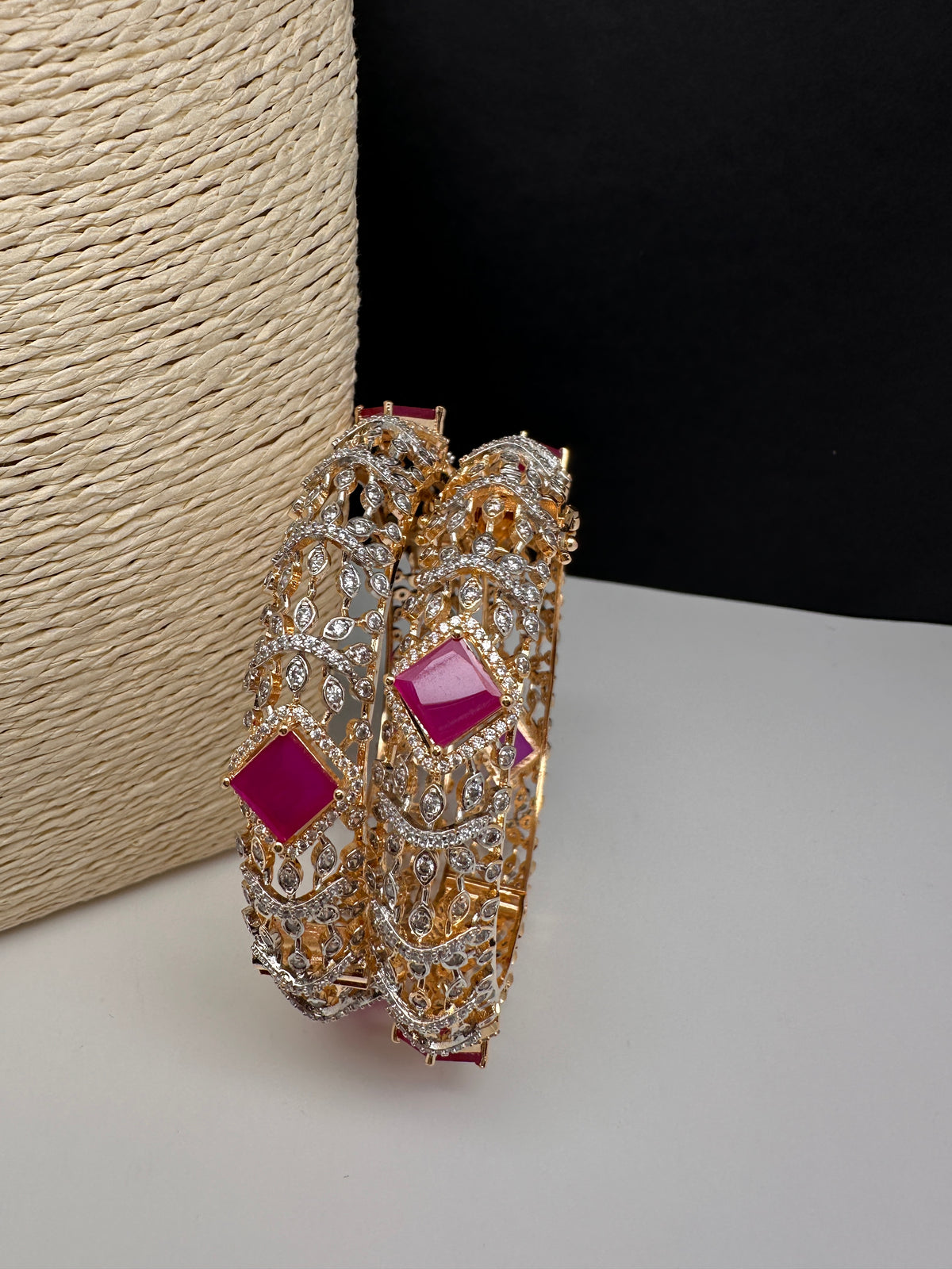 Gold finish AD ruby openable Indian bangles with red stones - pair