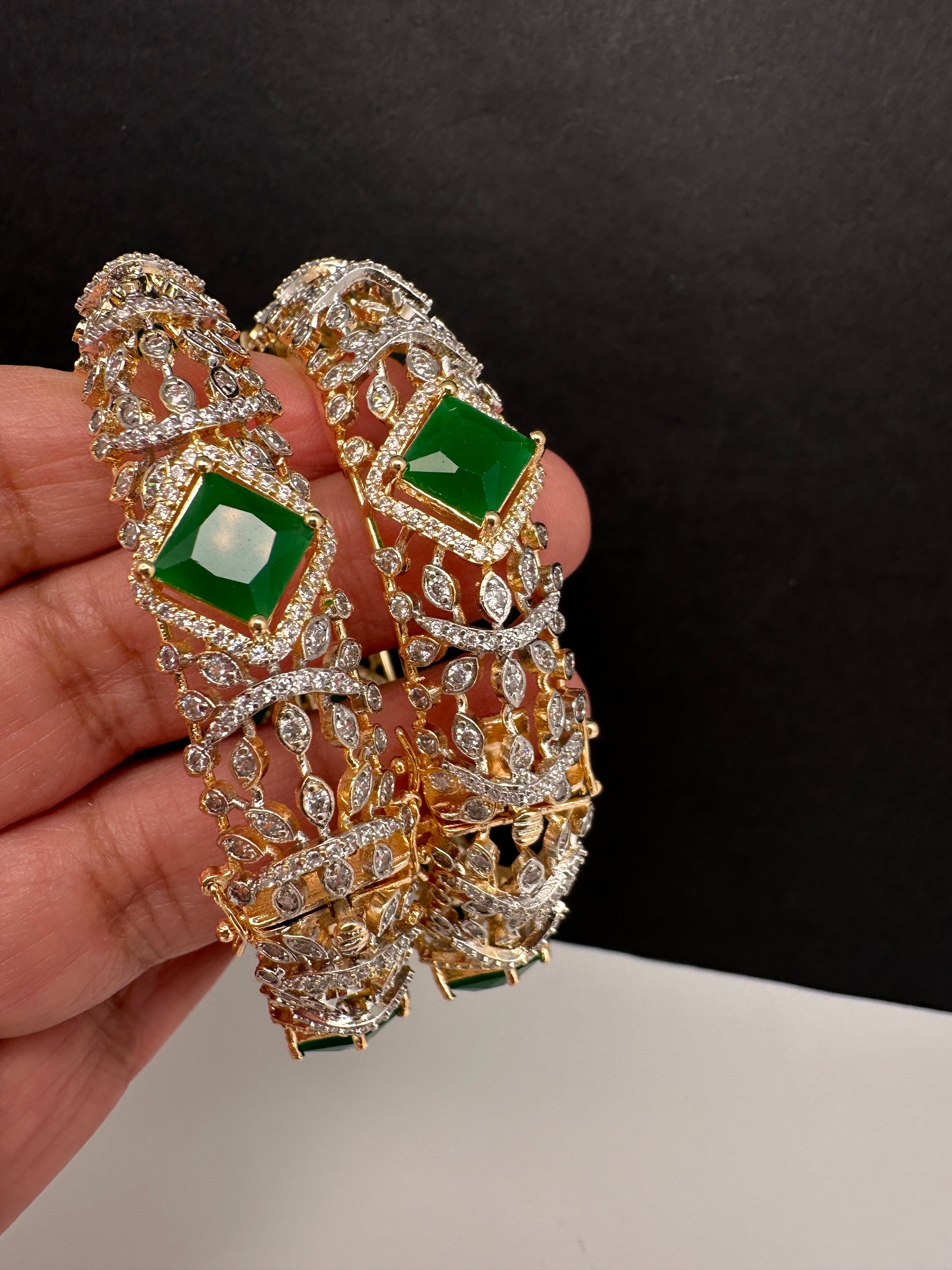 Golden AD green stone openable bangles for Indian weddings
